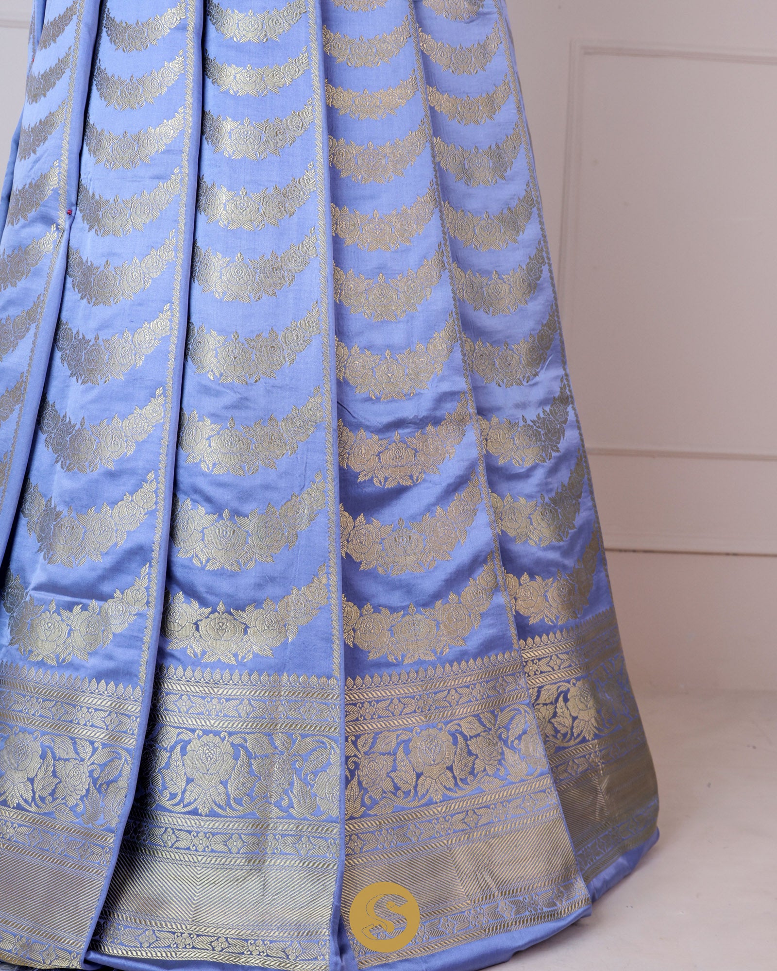 Berry Blue Unstitched Lehenga With Floral Zari Weaving