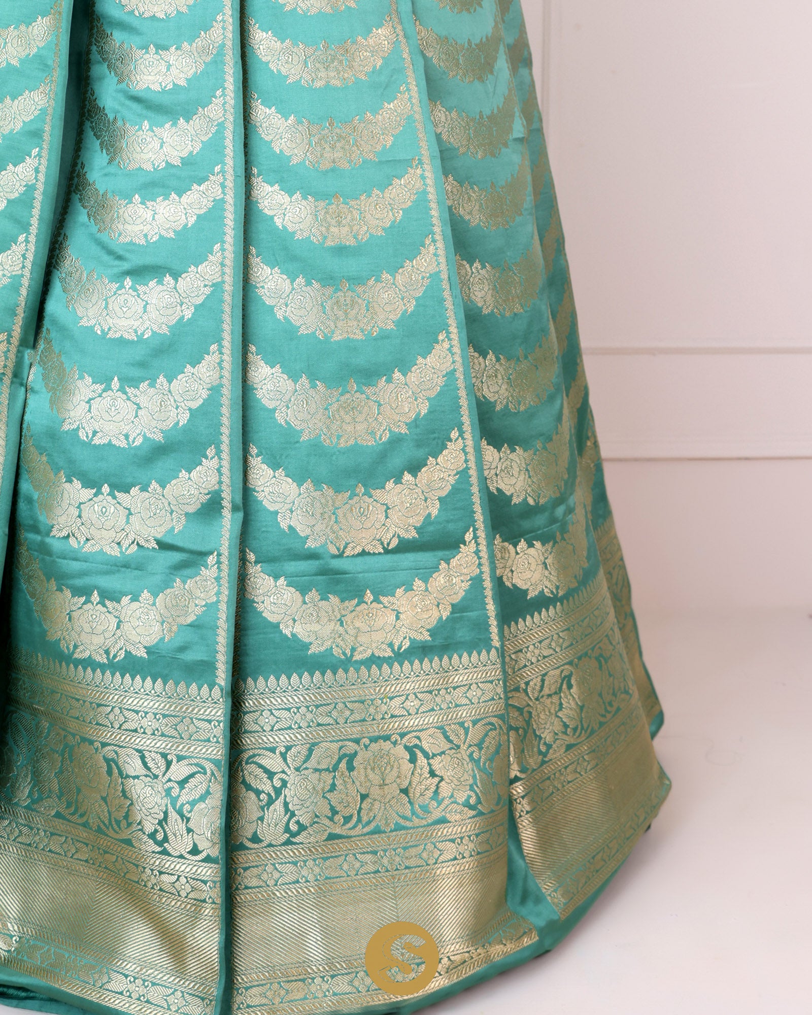 Robin Blue Unstitched Lehenga With Floral Zari Weaving