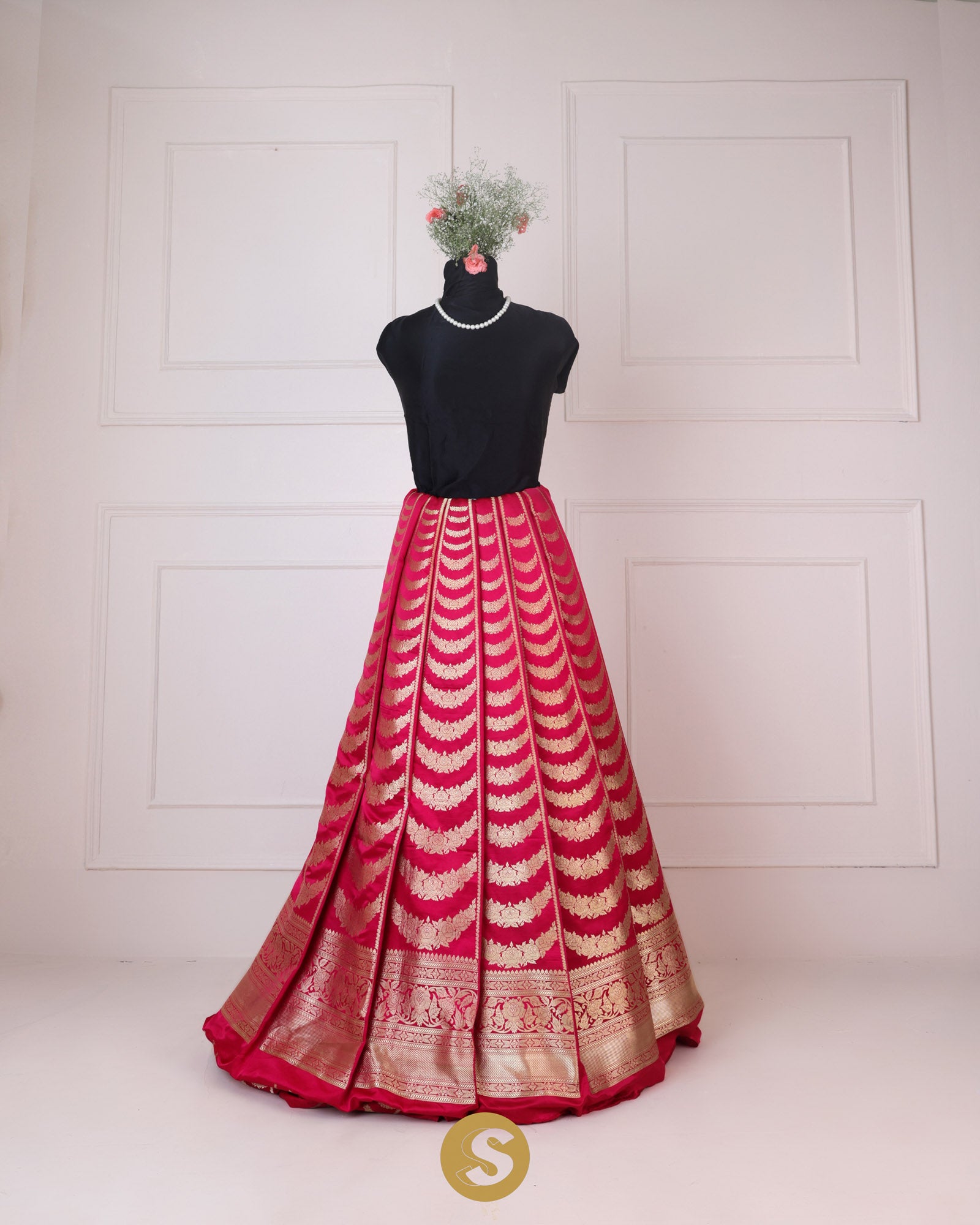 Cerise Red Unstitched Lehenga With Floral Zari Weaving