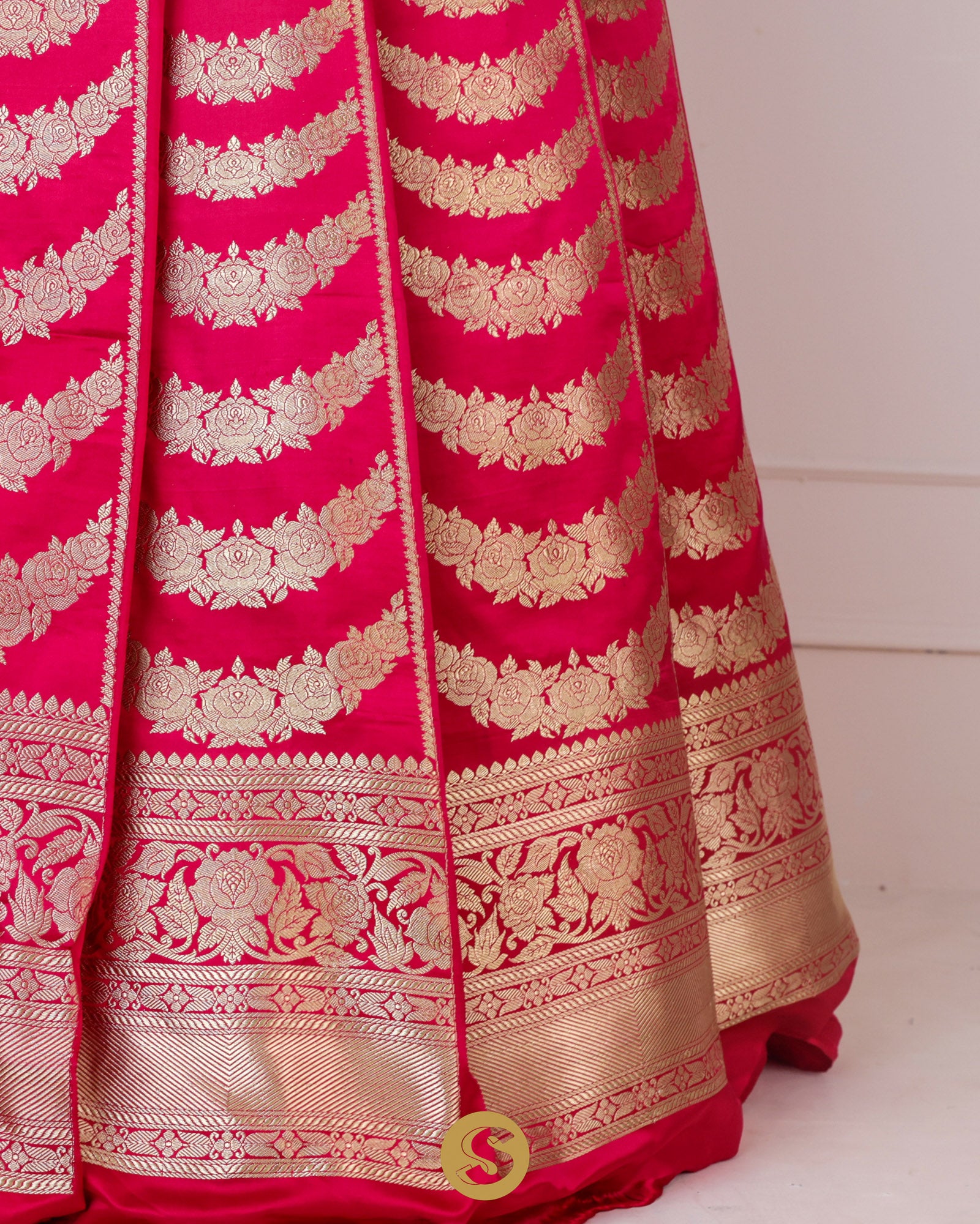 Cerise Red Unstitched Lehenga With Floral Zari Weaving