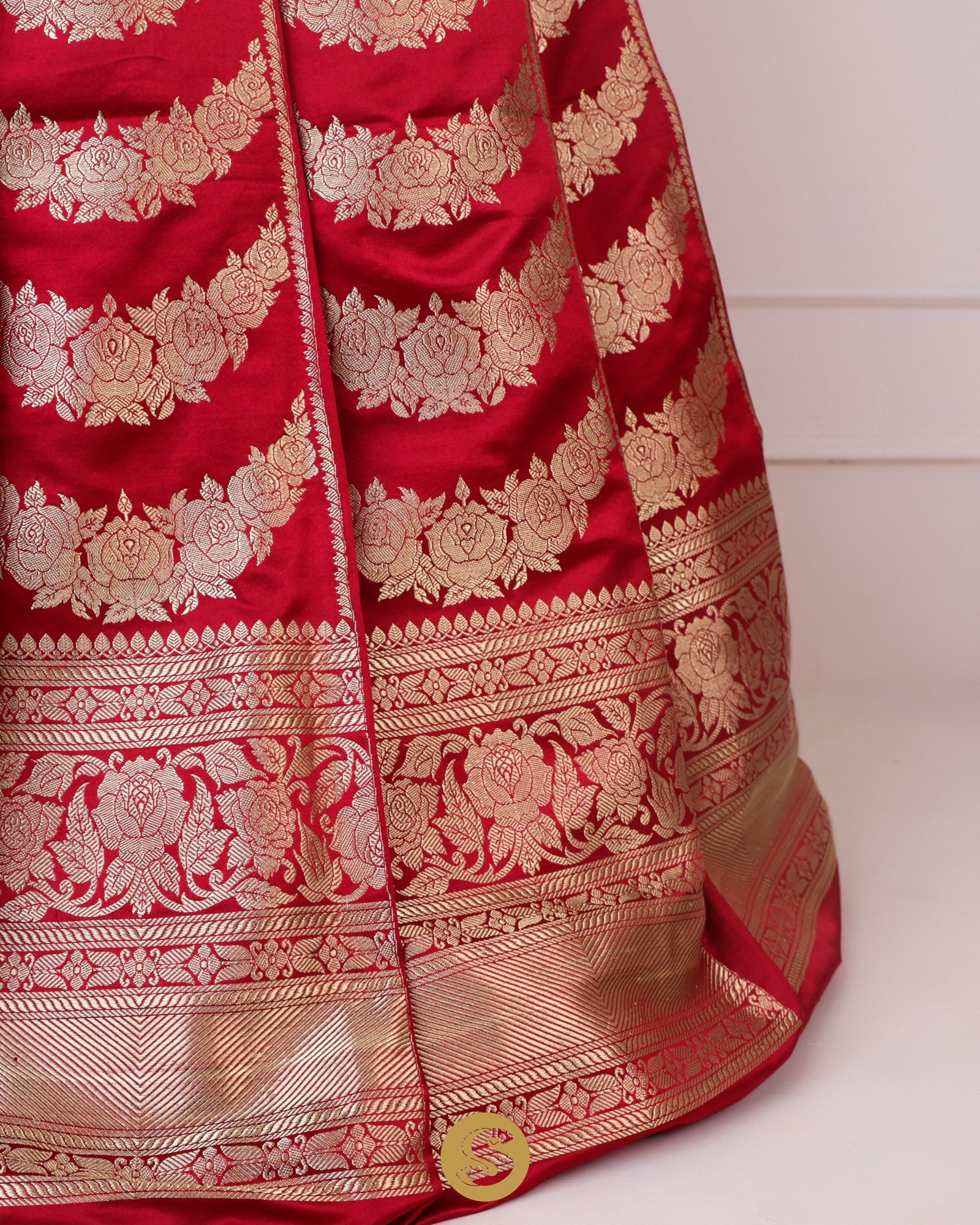 Crimson Red Unstitched Lehenga With Floral Zari Weaving