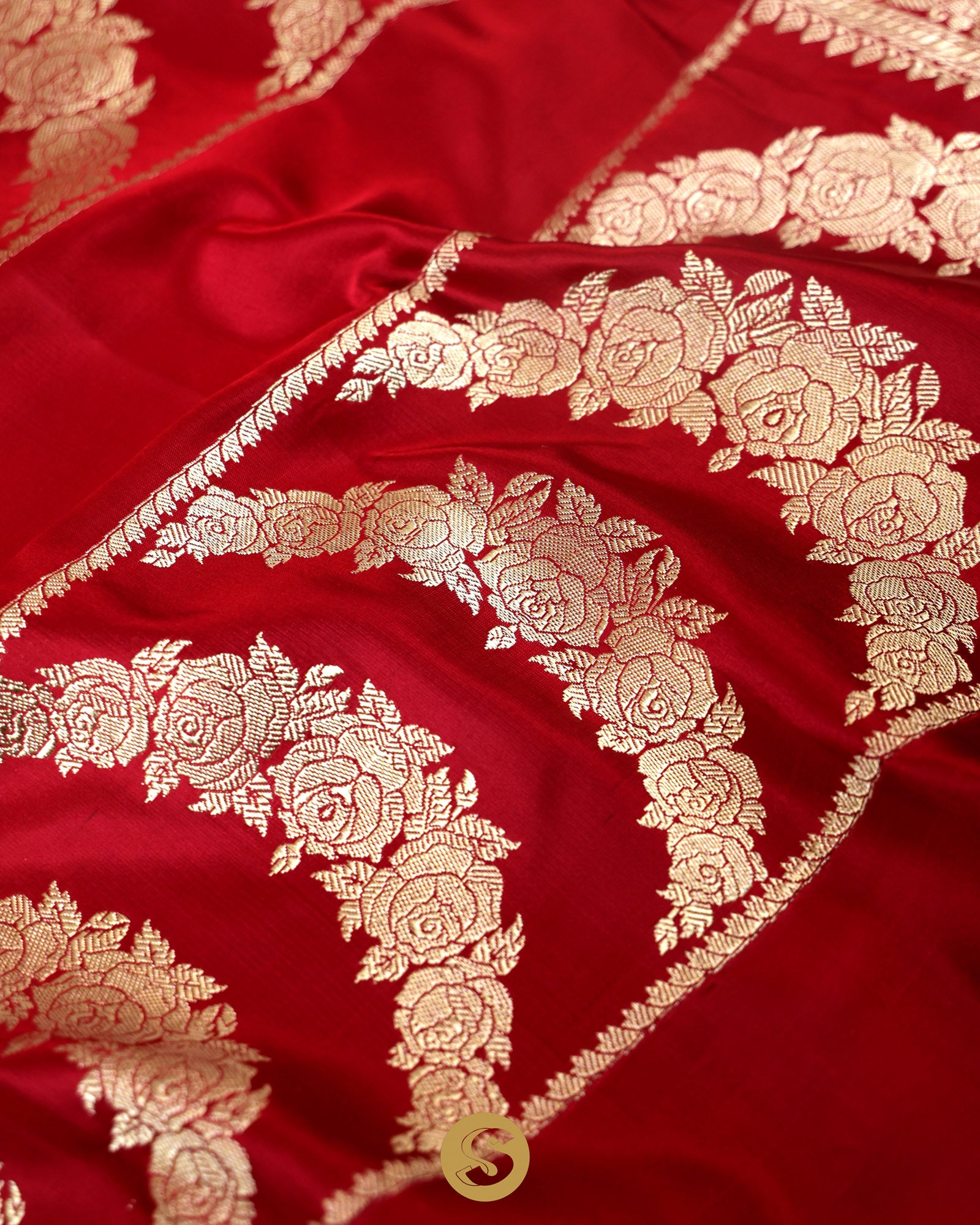 Crimson Red Unstitched Lehenga With Floral Zari Weaving