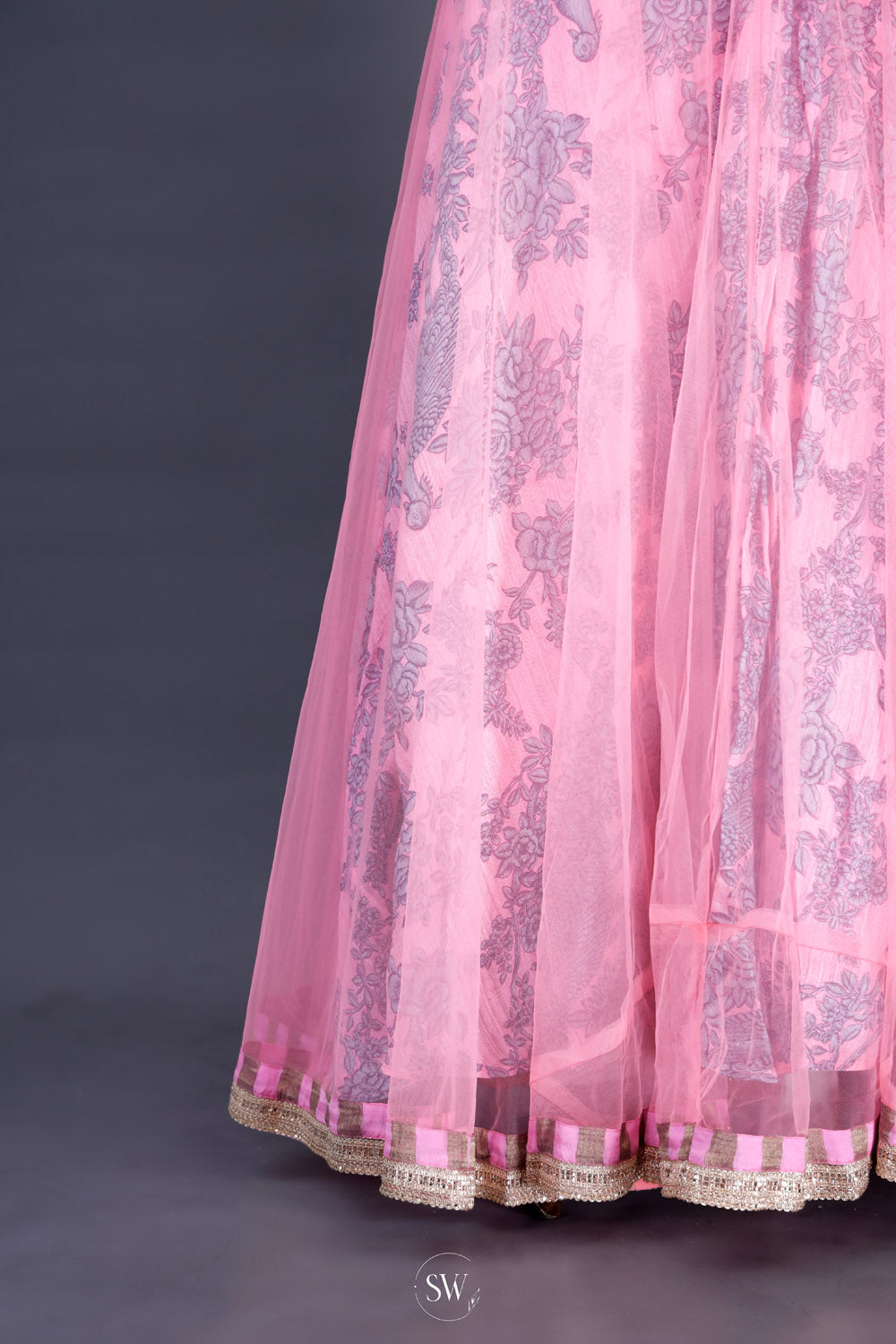 Bright Pink Net Lehenga Set With Printed Detailing