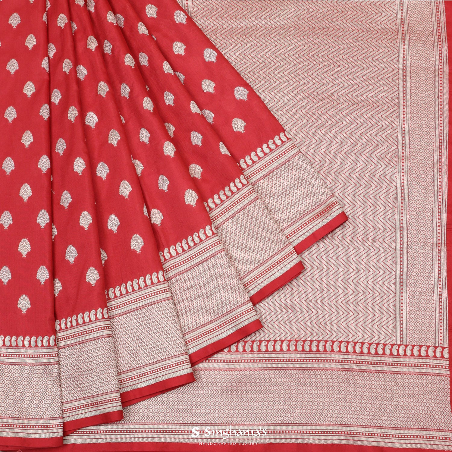 Imperial Red Banarasi Silk Saree With Floral Buttis Pattern