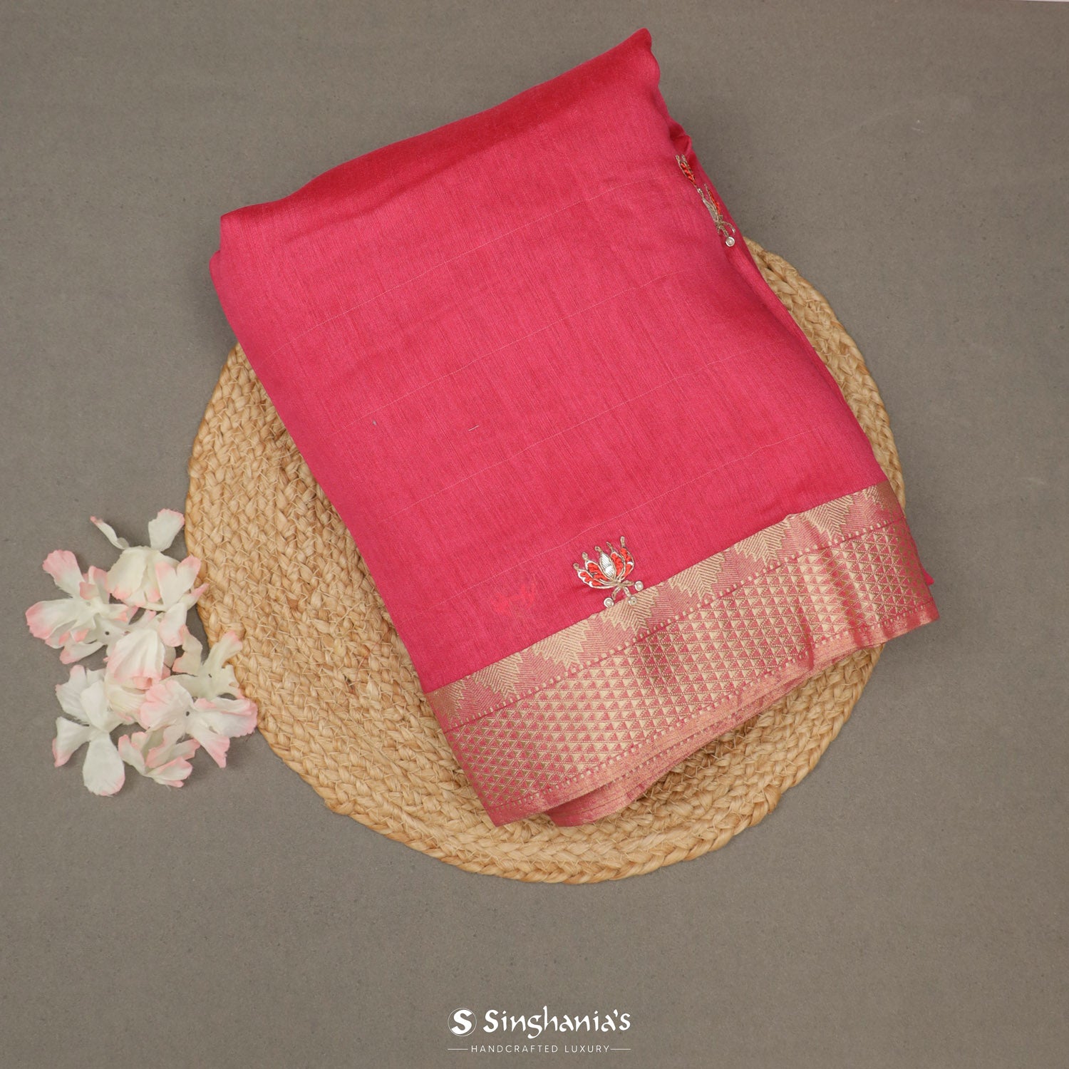 Ruby Pink Moonga Saree With Hand Embroidery Work