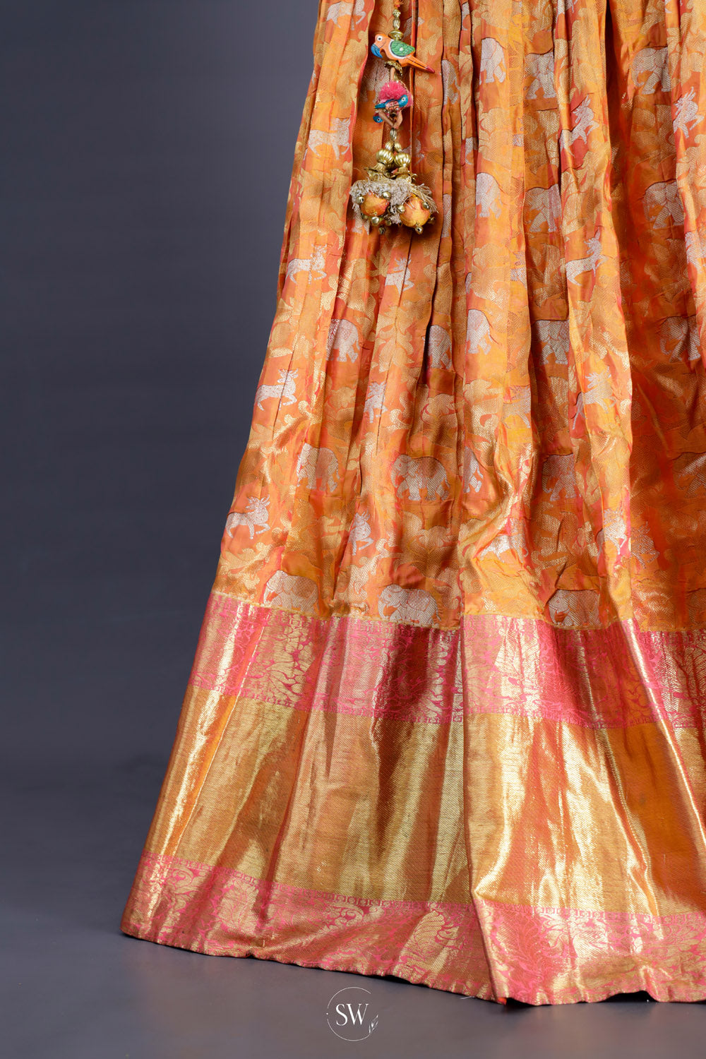 Orange Multicolour Silk Lehenga Set With Zari Weaving