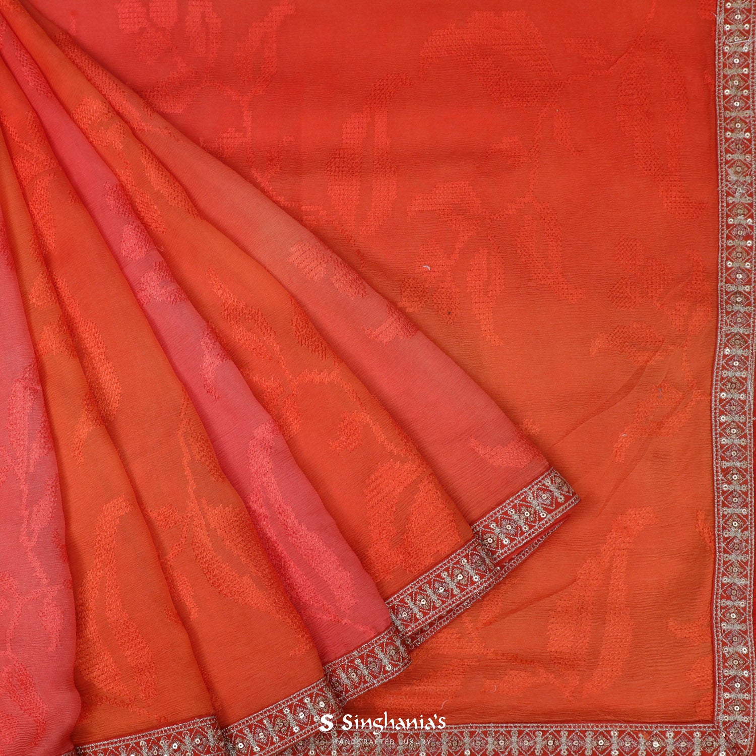 Red Multicolour Chiffon Saree With Embroidery Border