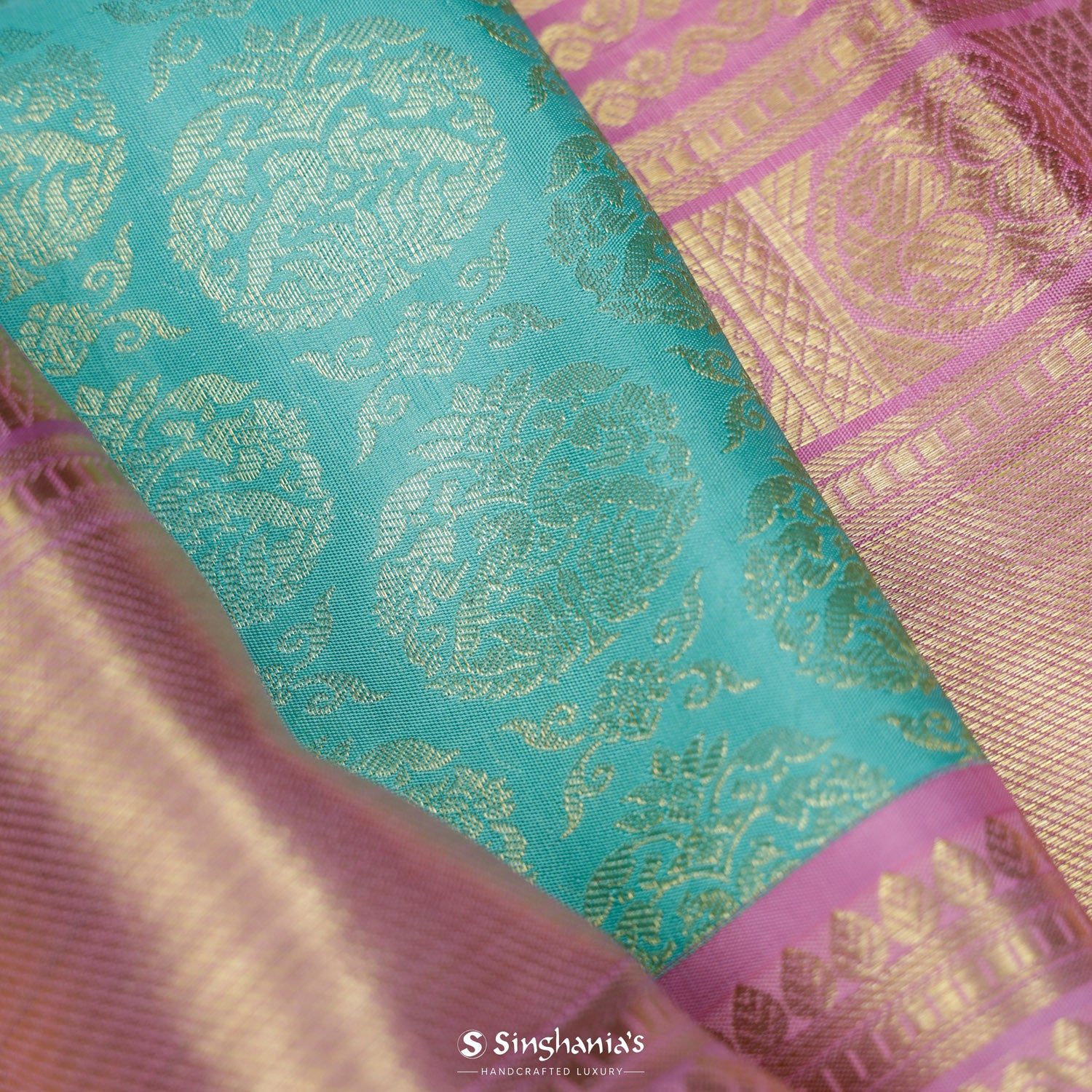 Dolphins Aqua Kanjivaram Saree With Floral Jaal Pattern