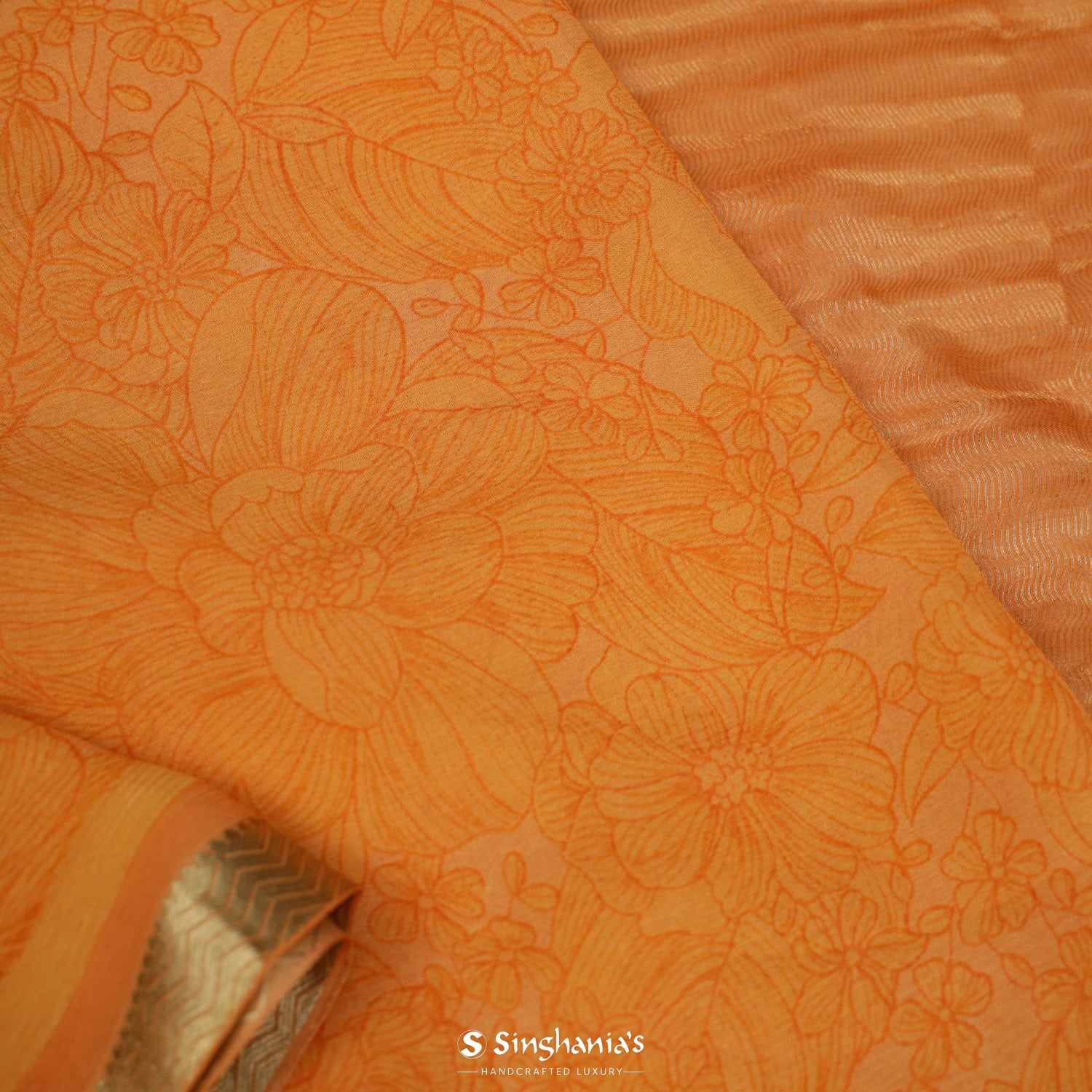 Neon Orange Printed Chiffon Saree With Floral Pattern