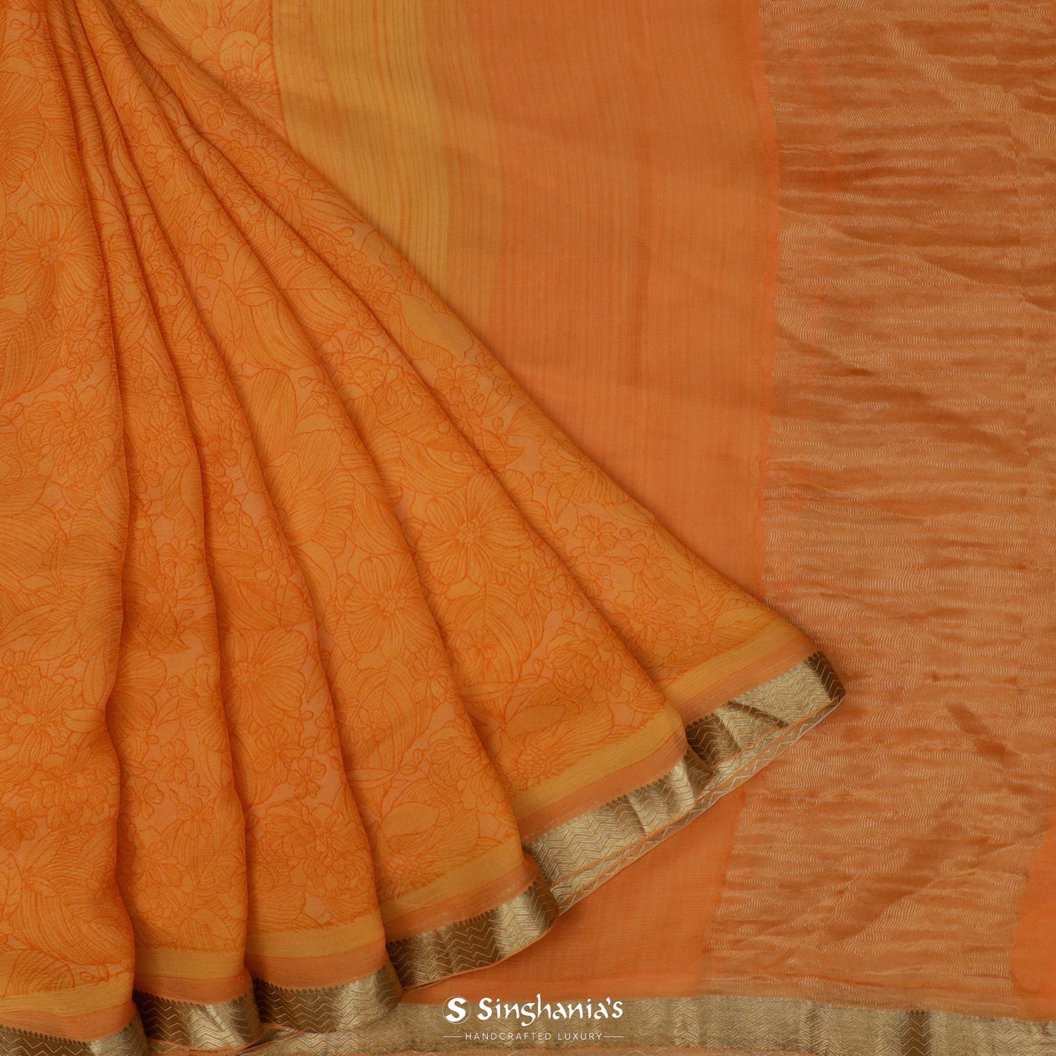 Neon Orange Printed Chiffon Saree With Floral Pattern