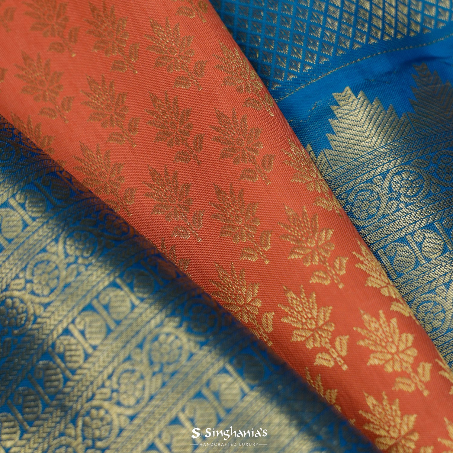 Metallic Orange Kanjivaram Silk Saree With Floral Jaal Pattern