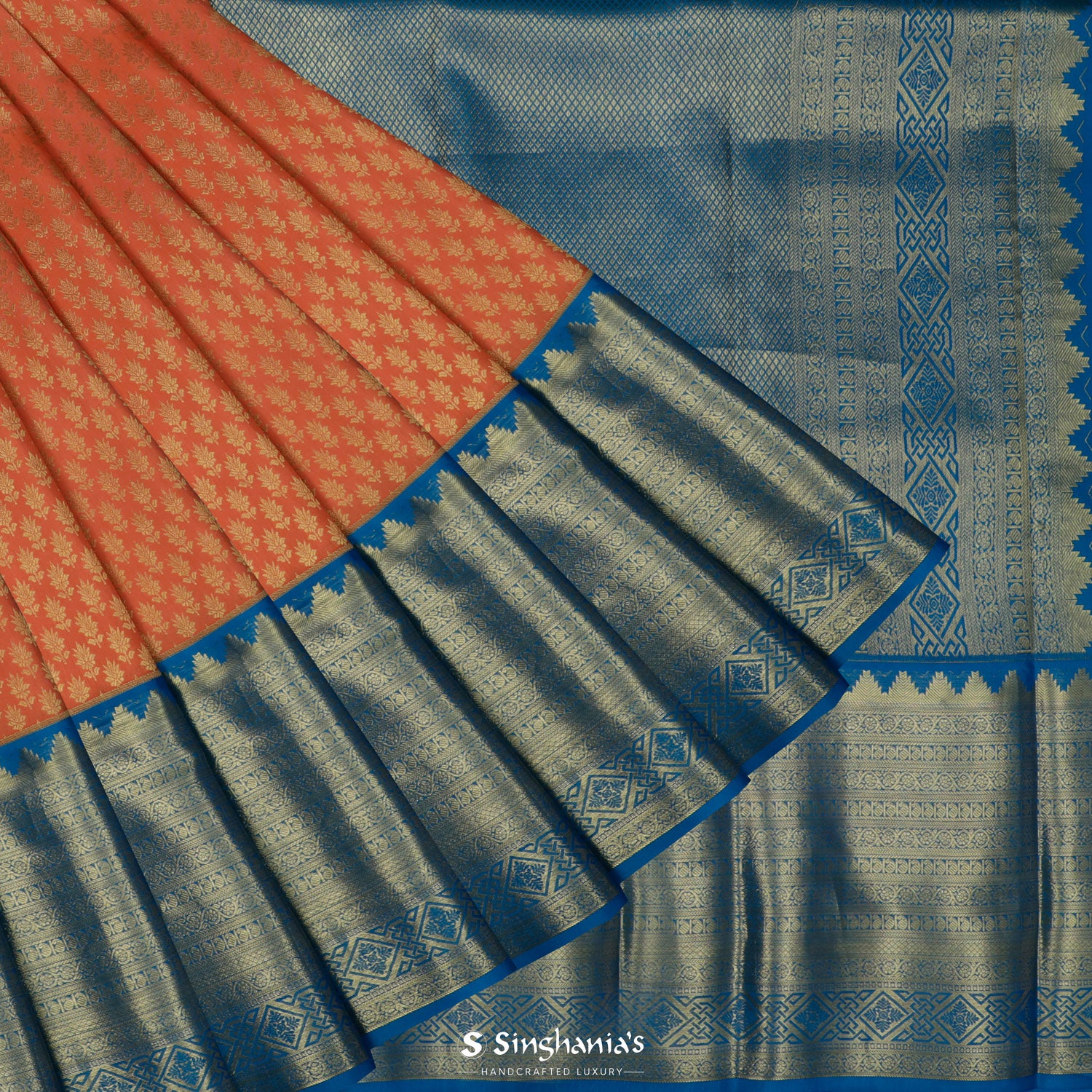 Metallic Orange Kanjivaram Silk Saree With Floral Jaal Pattern