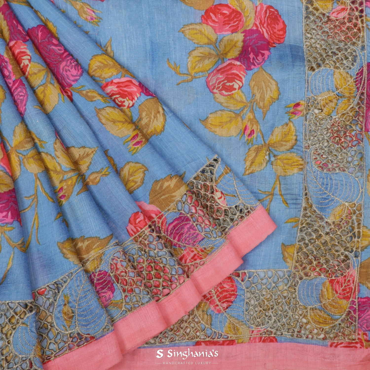 Baby Blue Printed Dupion Saree With Floral Pattern