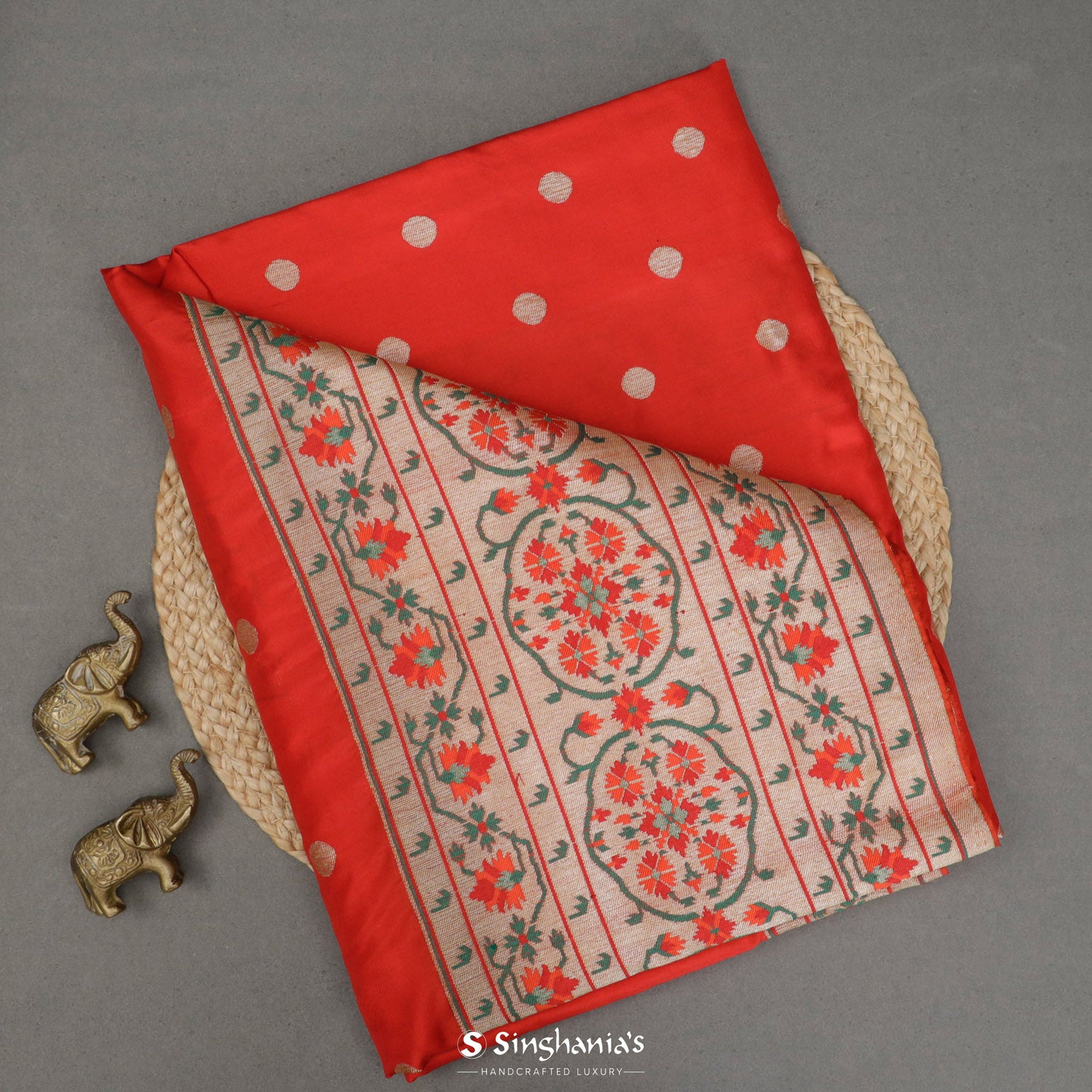 Scarlet Red Silk Saree With Floral Zari Banarasi Buttis