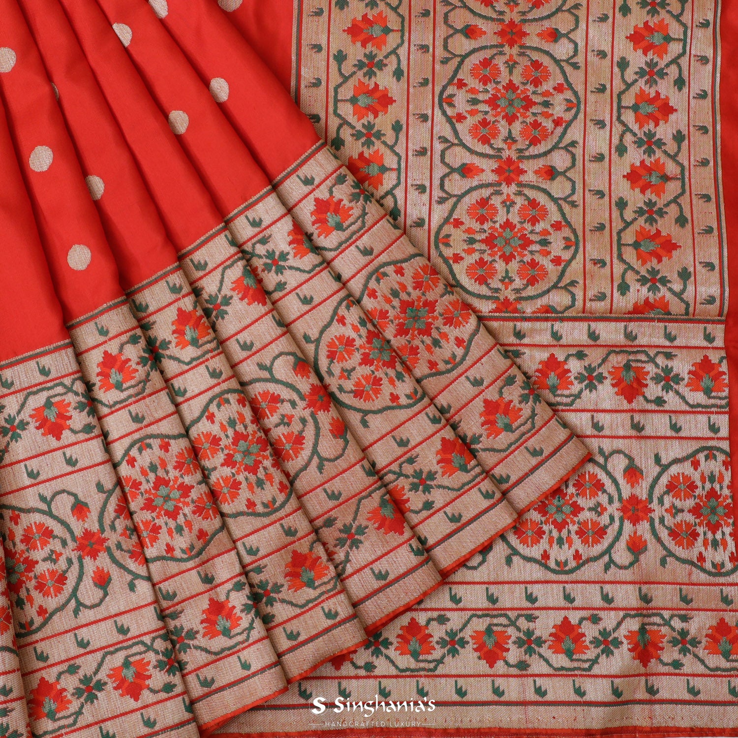 Scarlet Red Silk Saree With Floral Zari Banarasi Buttis