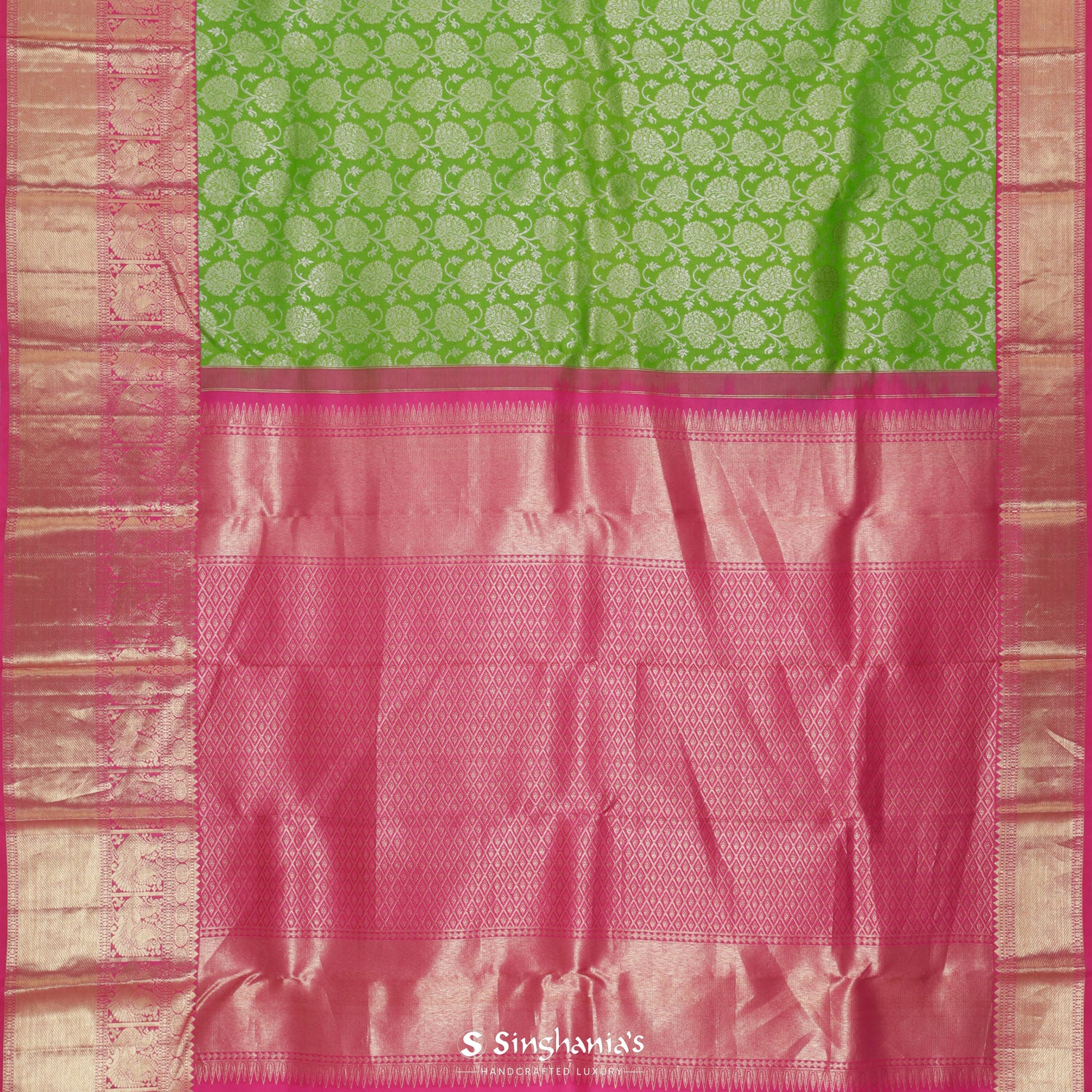 Dark Lemon-Lime Kanjivaram Saree With Floral Jaal Pattern