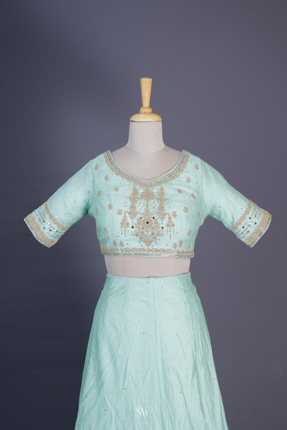 Pale Mint Green Silk Lehenga Set With Zari Woven Dupatta