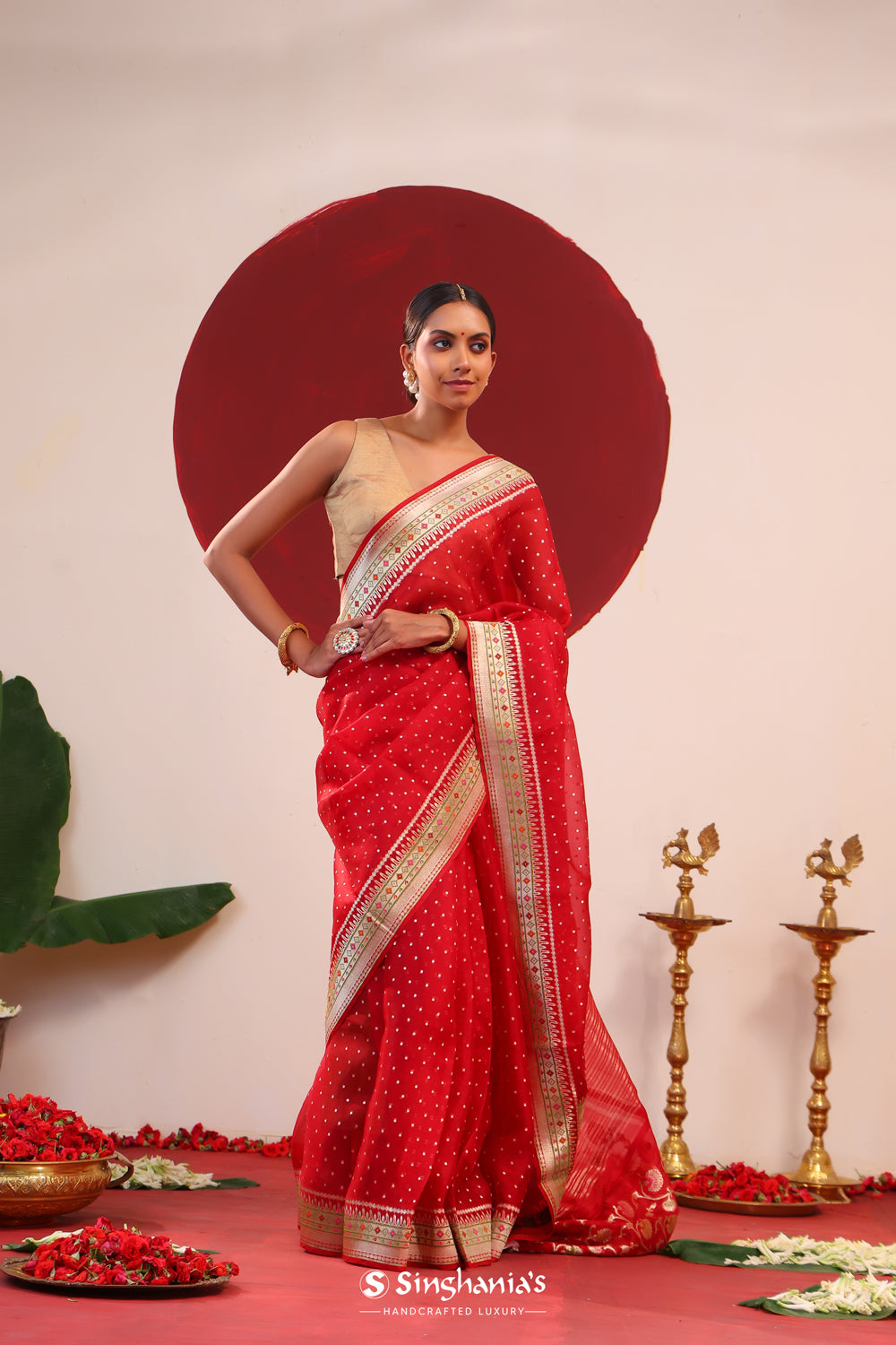 Deep Red Banarasi Organza Saree With Zari Butti