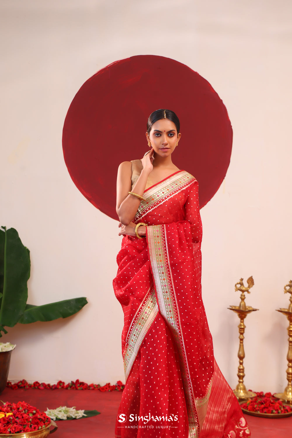 Deep Red Banarasi Organza Saree With Zari Butti