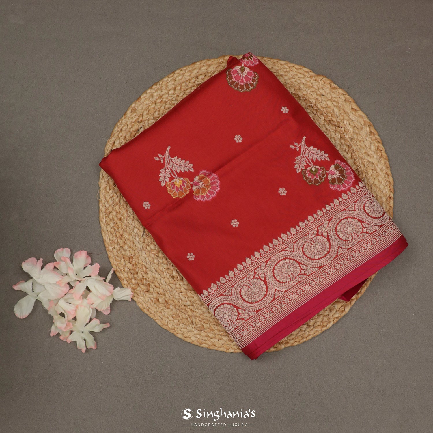 Husker Red Banarasi Saree With Meenakari Floral Weaving