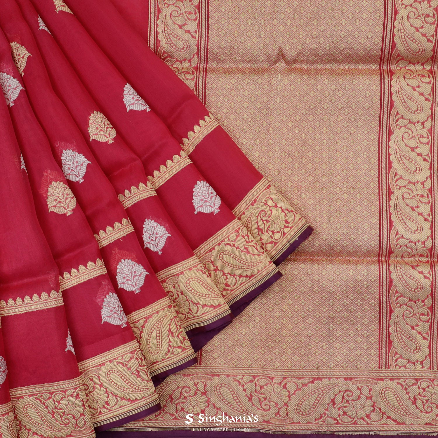 Dynamic Crimson Red Organza Saree With Banarasi Weaving