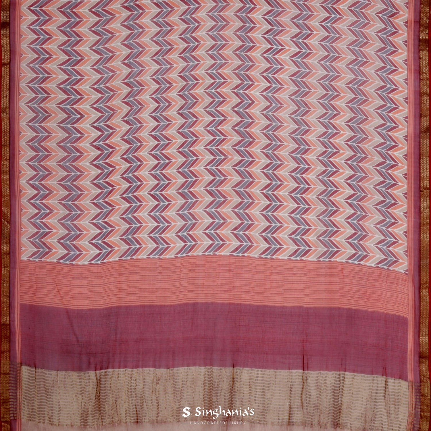 Chinese Orange Printed Chiffon Saree With Chevron Pattern