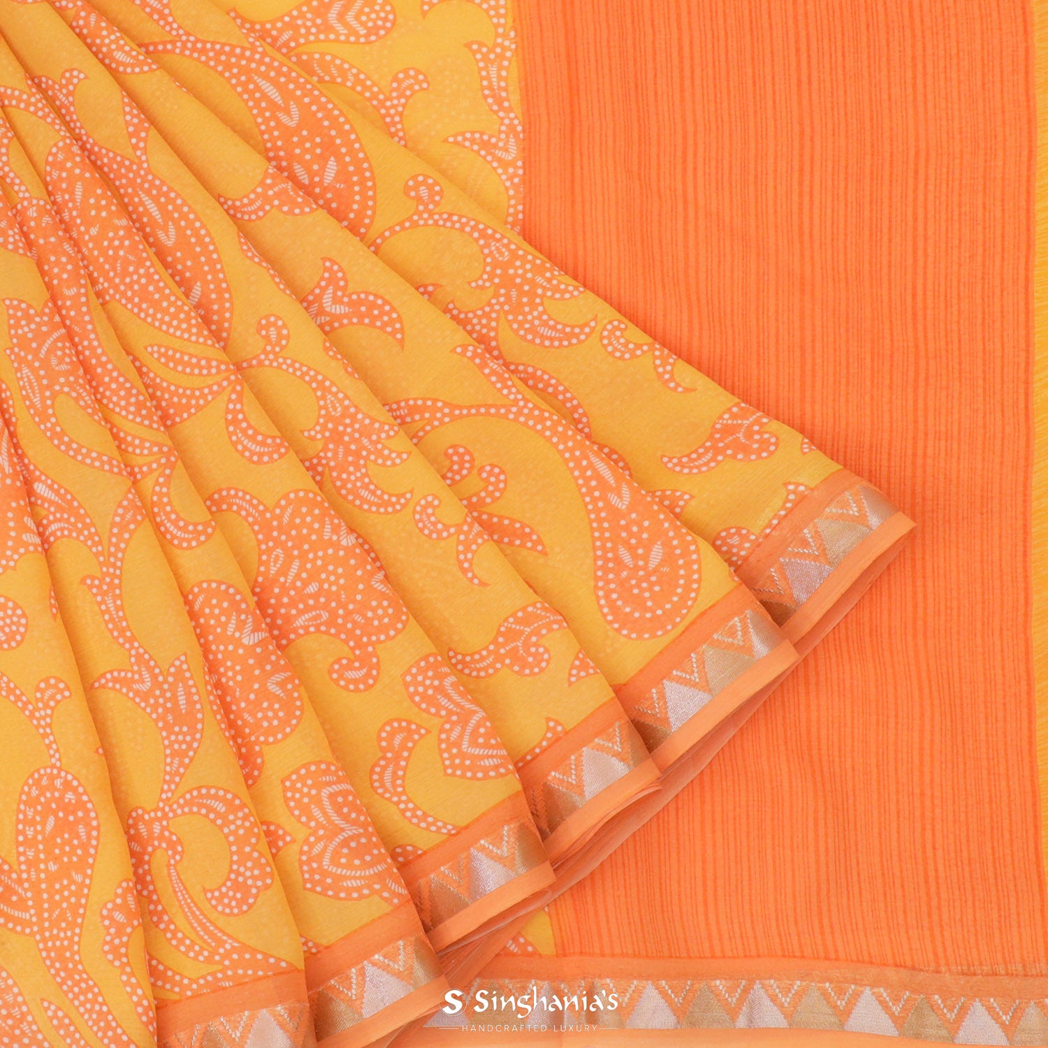 Minion Yellow Printed Chiffon Saree With Paisley Pattern