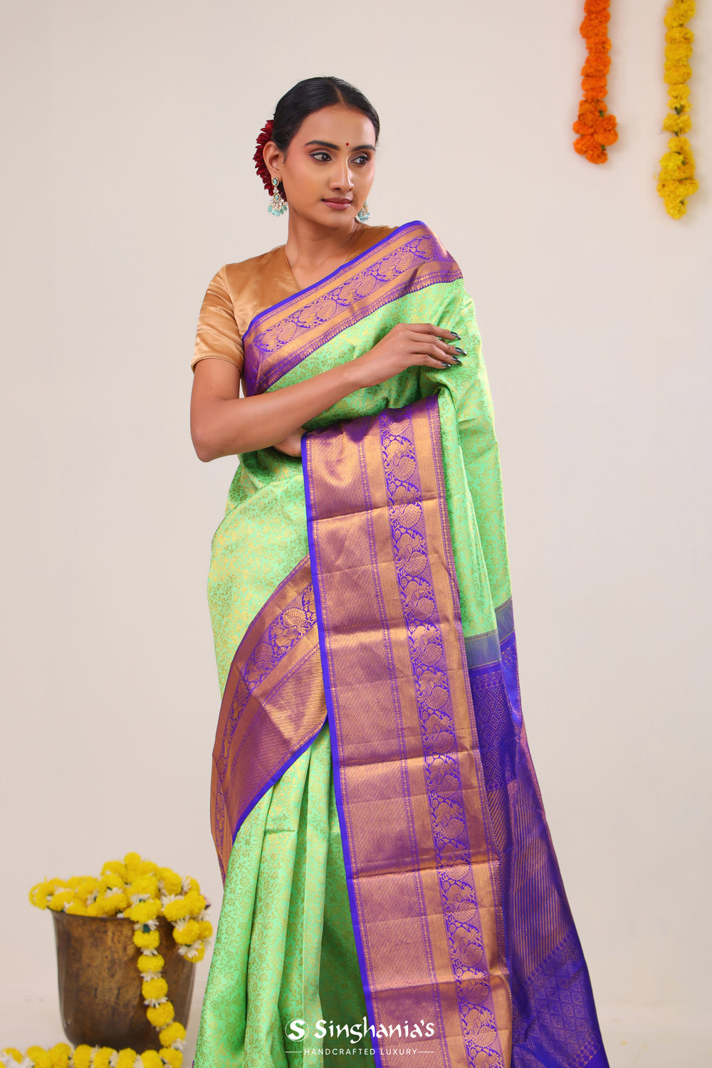 Mint Green Jaal Kanjivaram Silk Saree