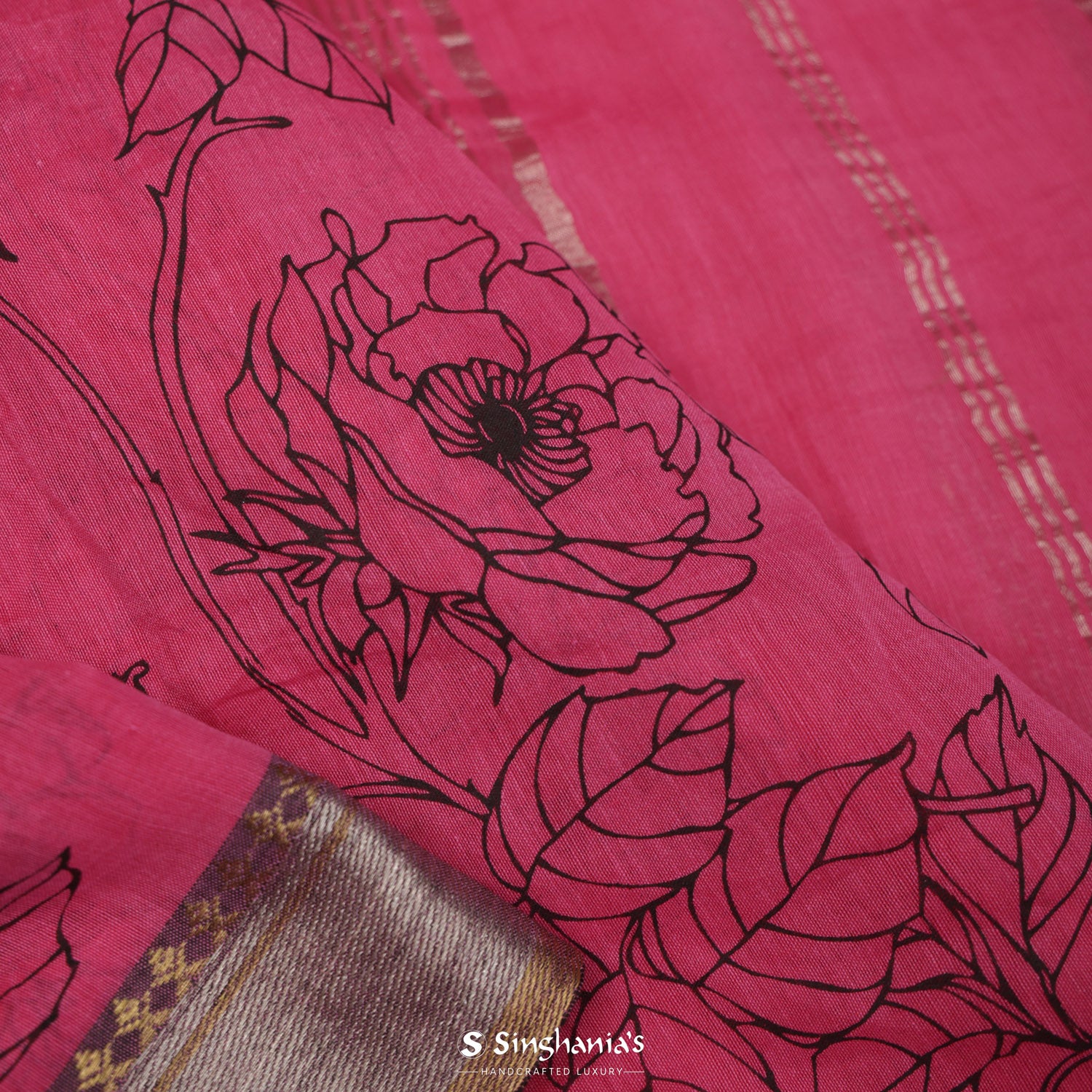 Dark Pink Cotton Saree With Printed Floral Pattern