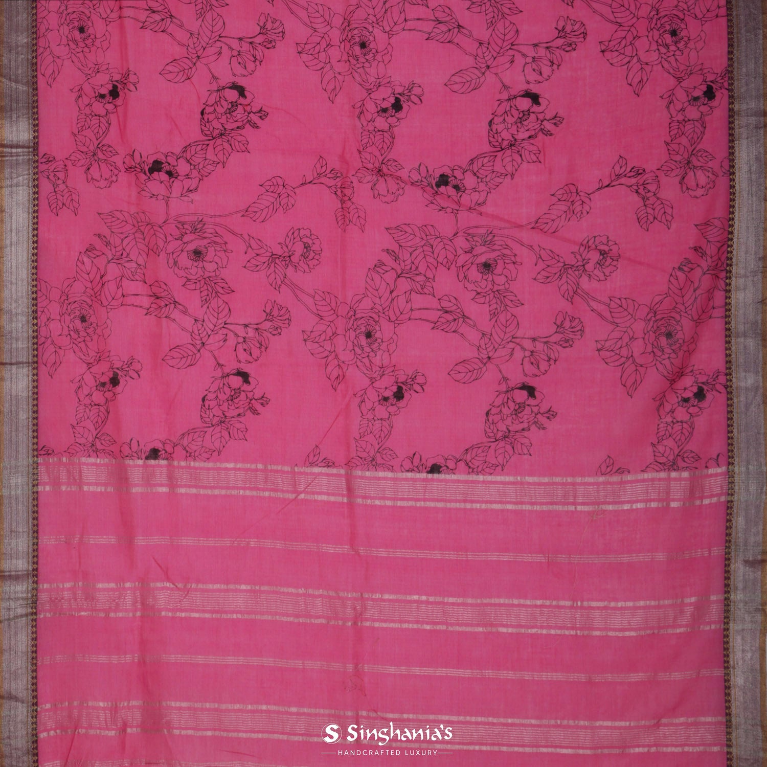 Dark Pink Cotton Saree With Printed Floral Pattern