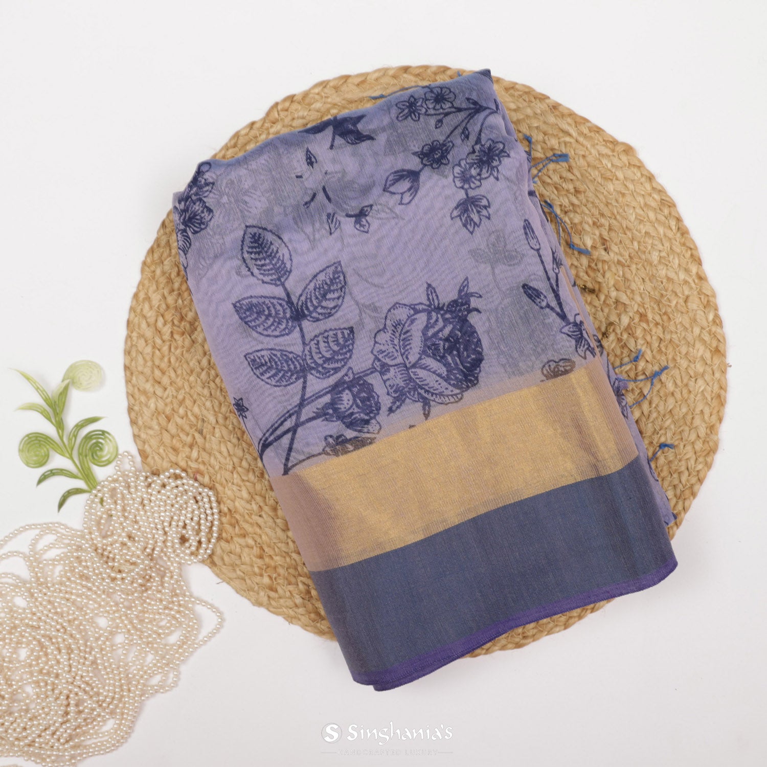 Lavender Gray Cotton Saree With Printed Floral Pattern