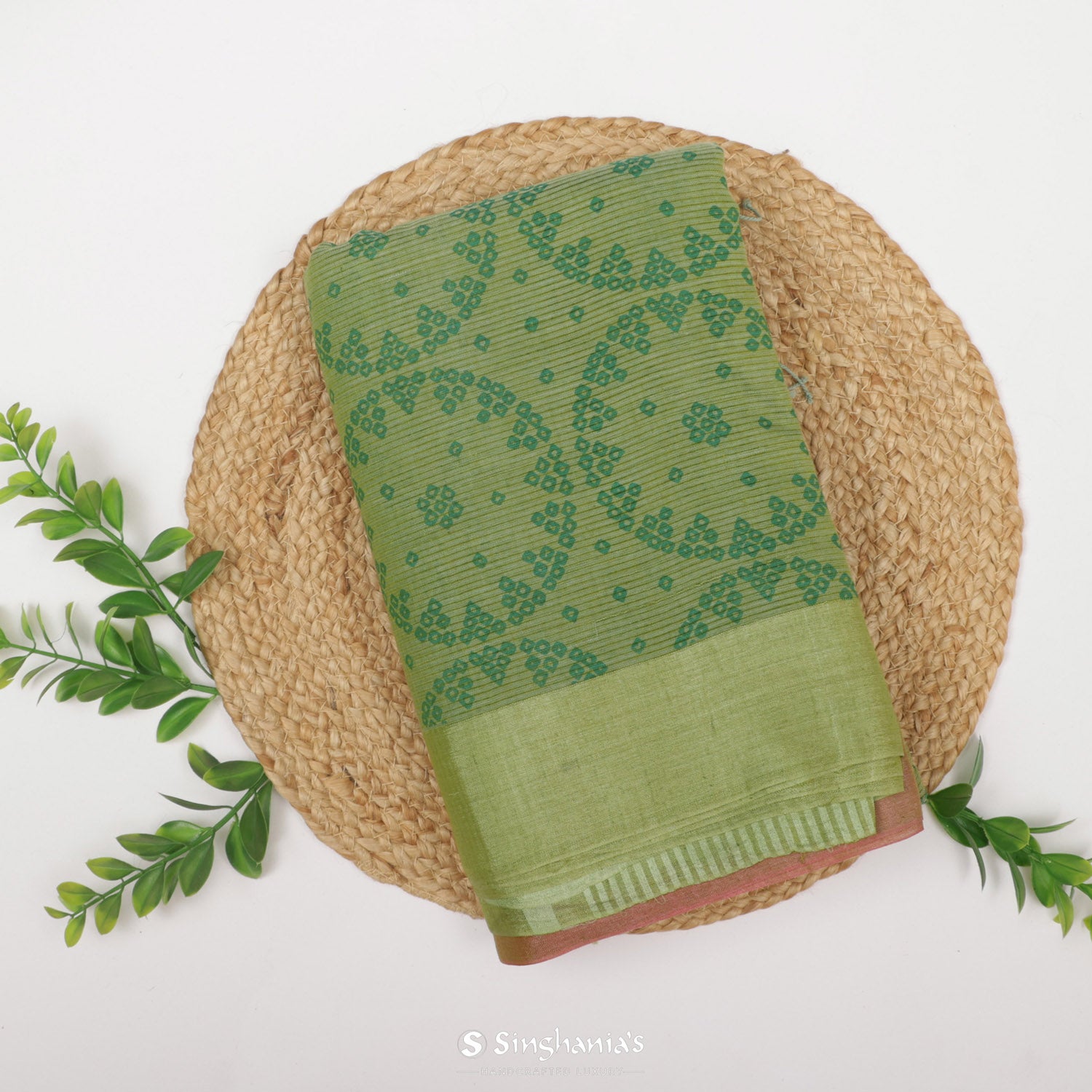 Sage Green Printed Cotton Saree With Bandhini Pattern