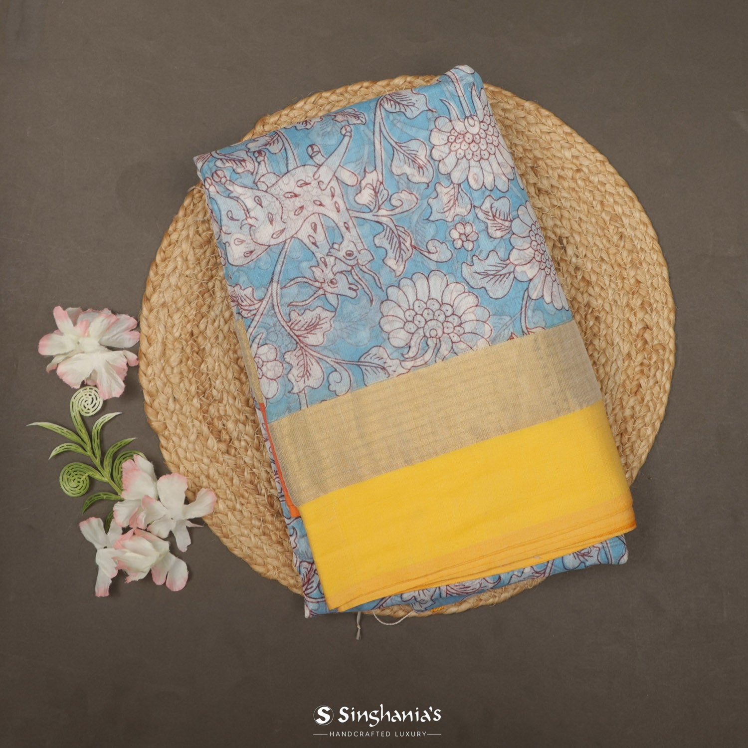 Baby Blue Cotton Saree With Printed Flora-Fauna-Inspired Design