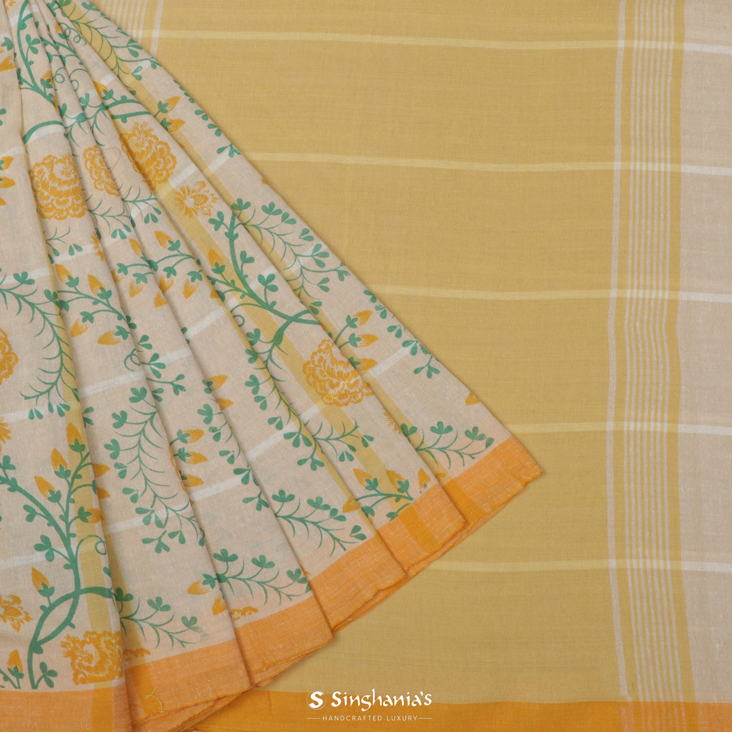 Vista White Printed Cotton Saree With Floral Pattern