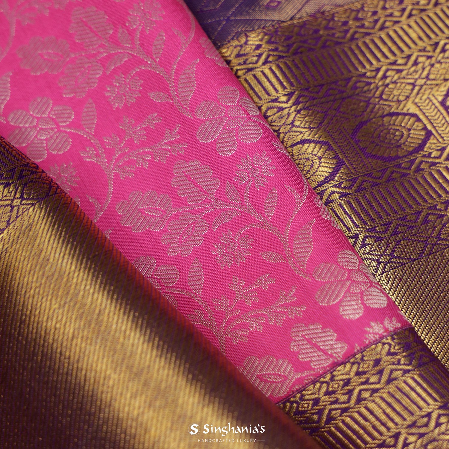 Dark Pink Kanjivaram Saree With Floral Jaal Pattern