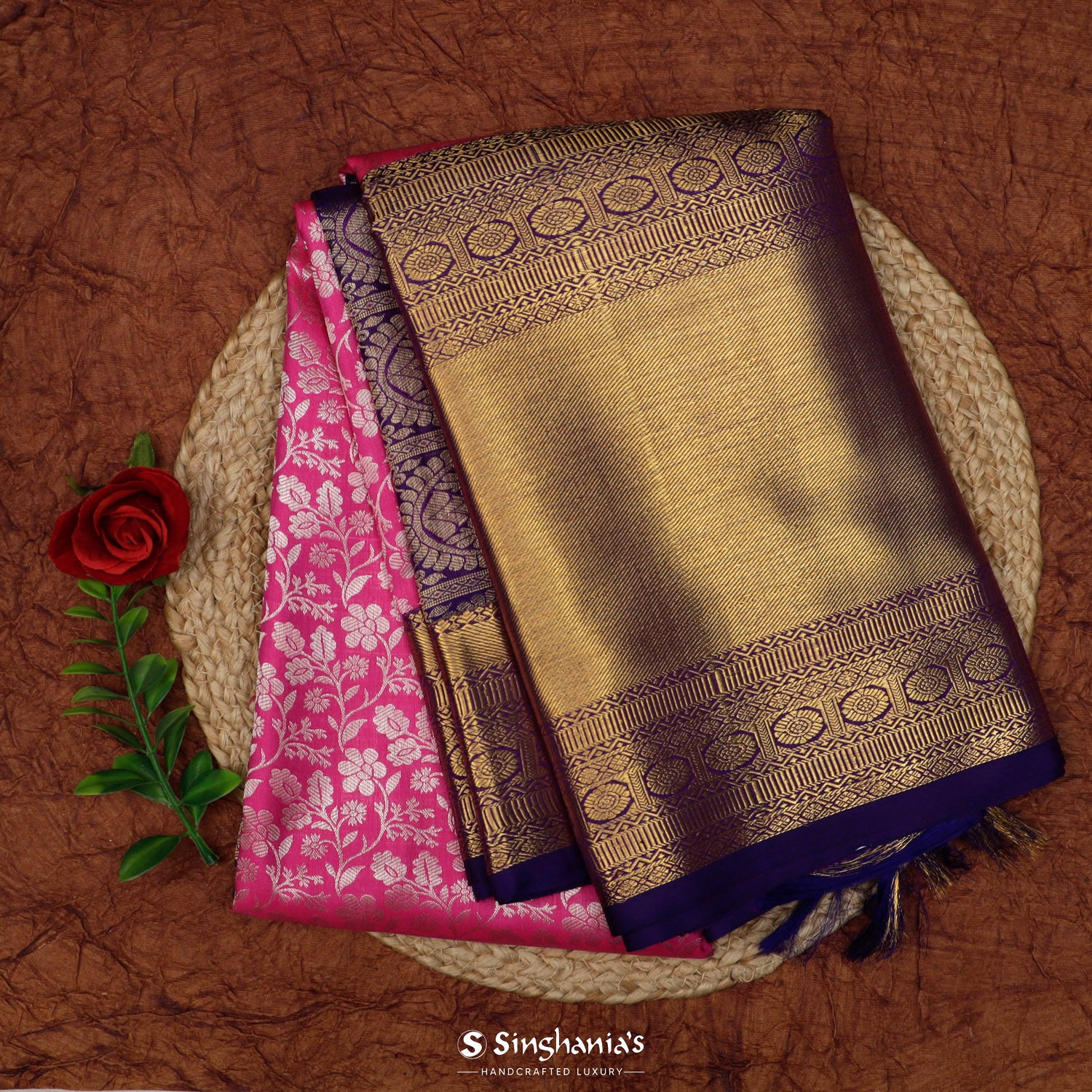 Dark Pink Kanjivaram Saree With Floral Jaal Pattern