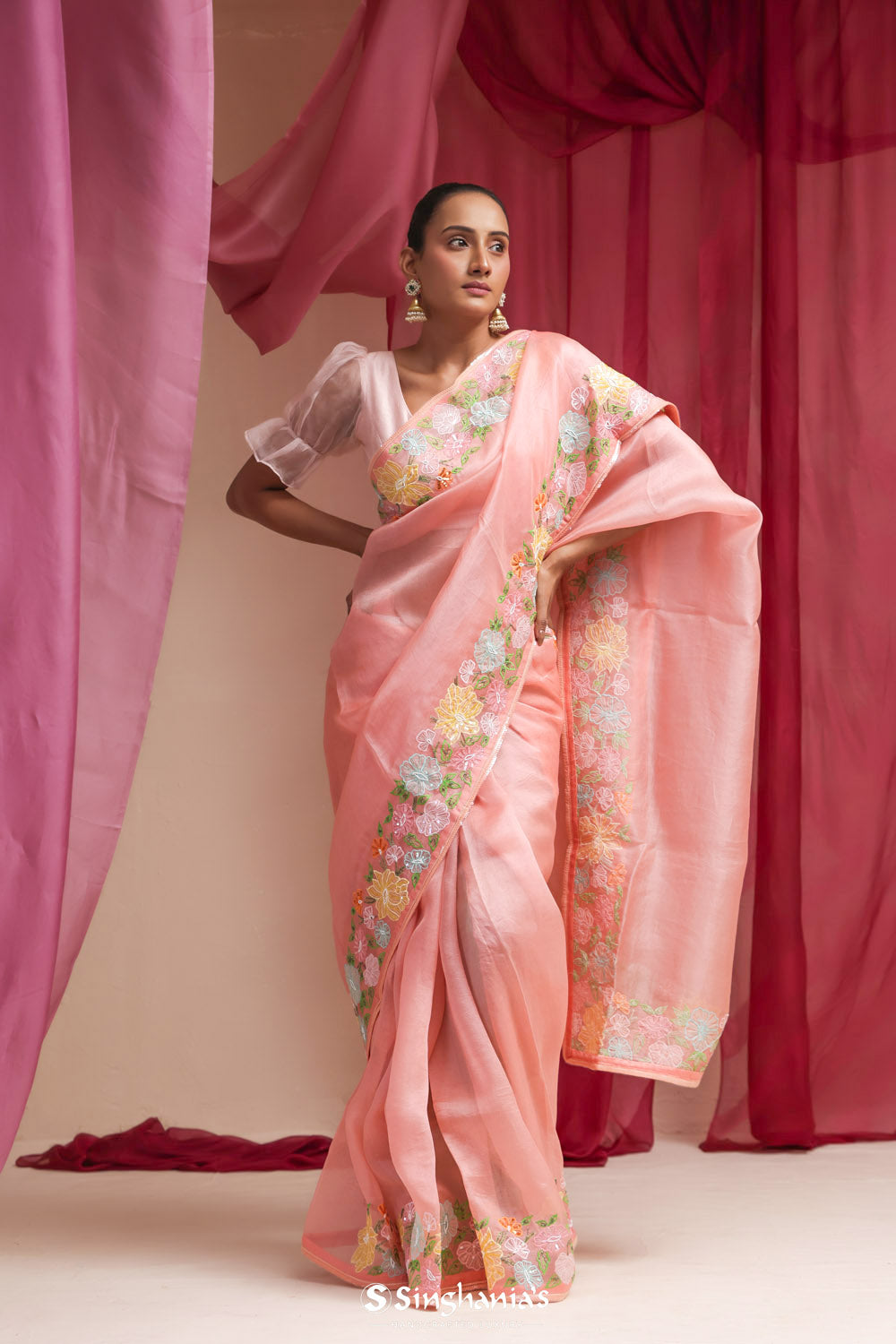 Bright Peach Organza Designer Saree With Floral Embroidery