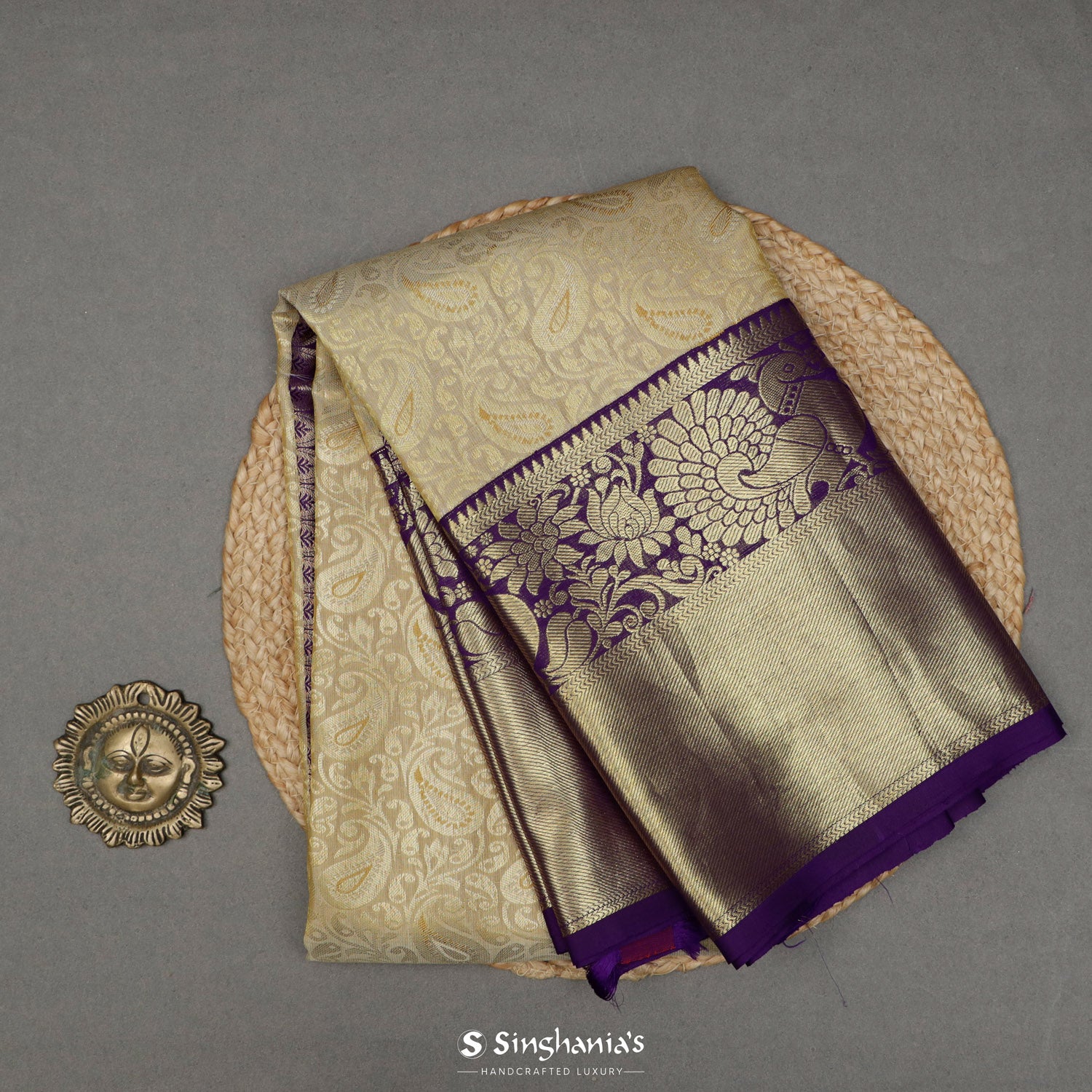 Vintage Yellow Kanjivaram Silk Saree With Floral Jaal Pattern