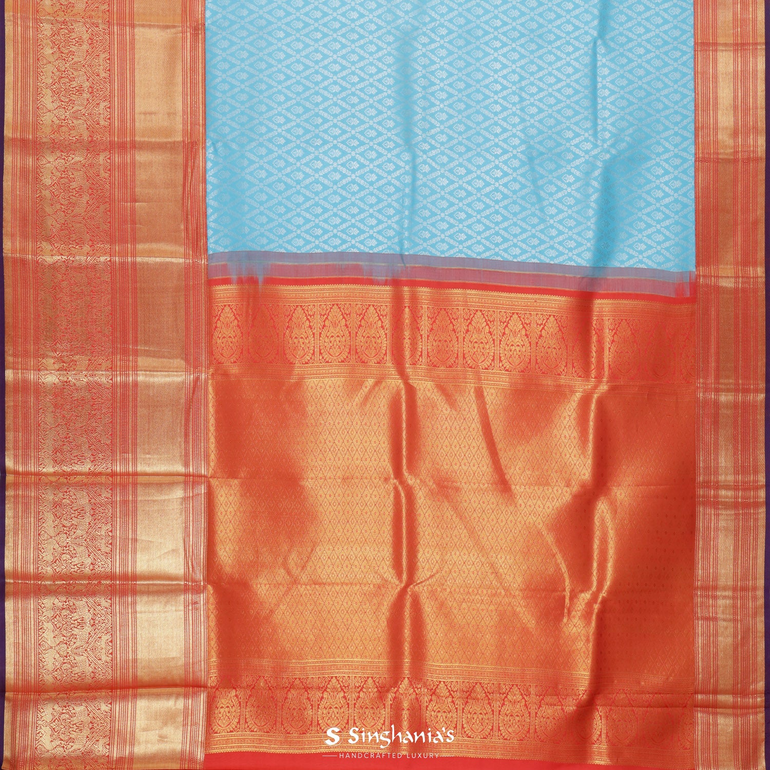 Vivid Sky Blue Kanjivaram Saree With Floral Jaal Pattern