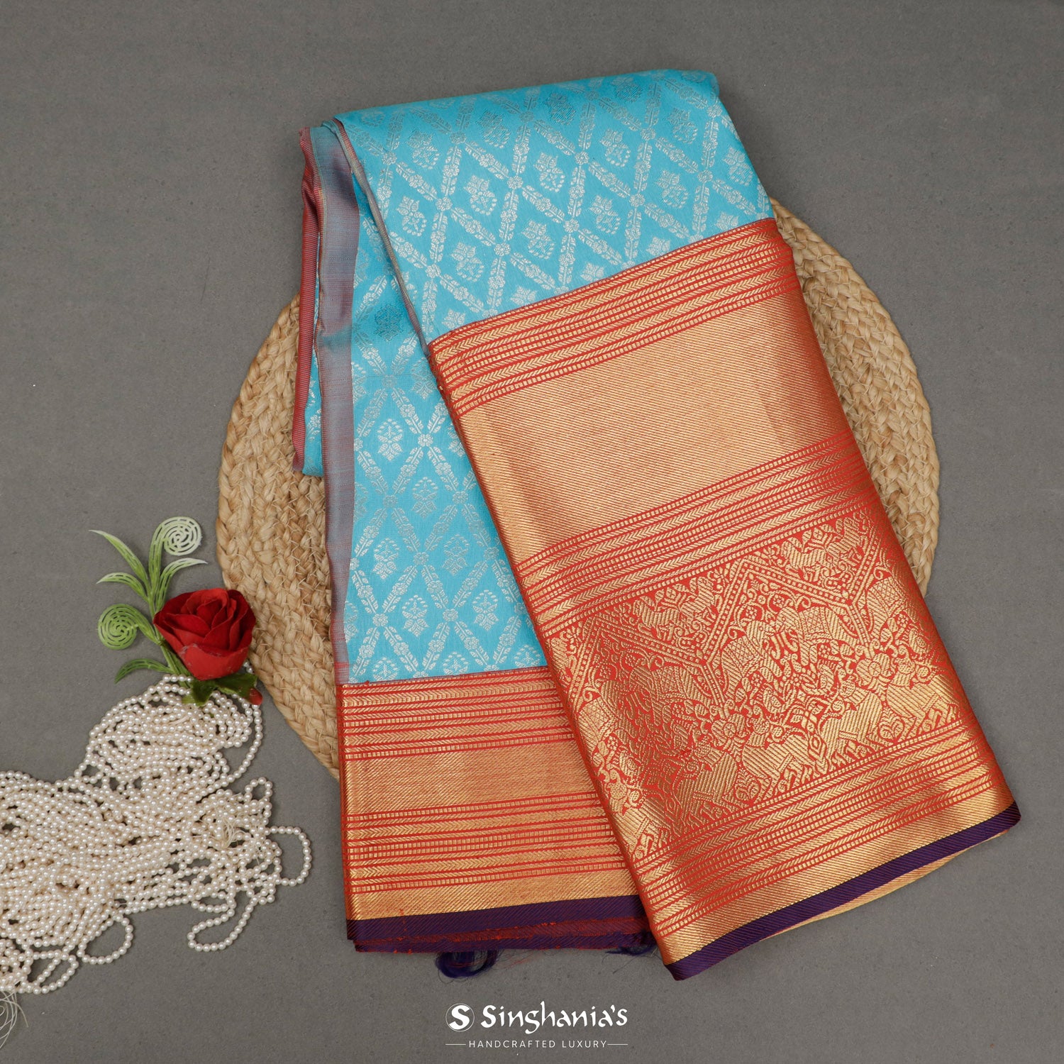 Vivid Sky Blue Kanjivaram Saree With Floral Jaal Pattern
