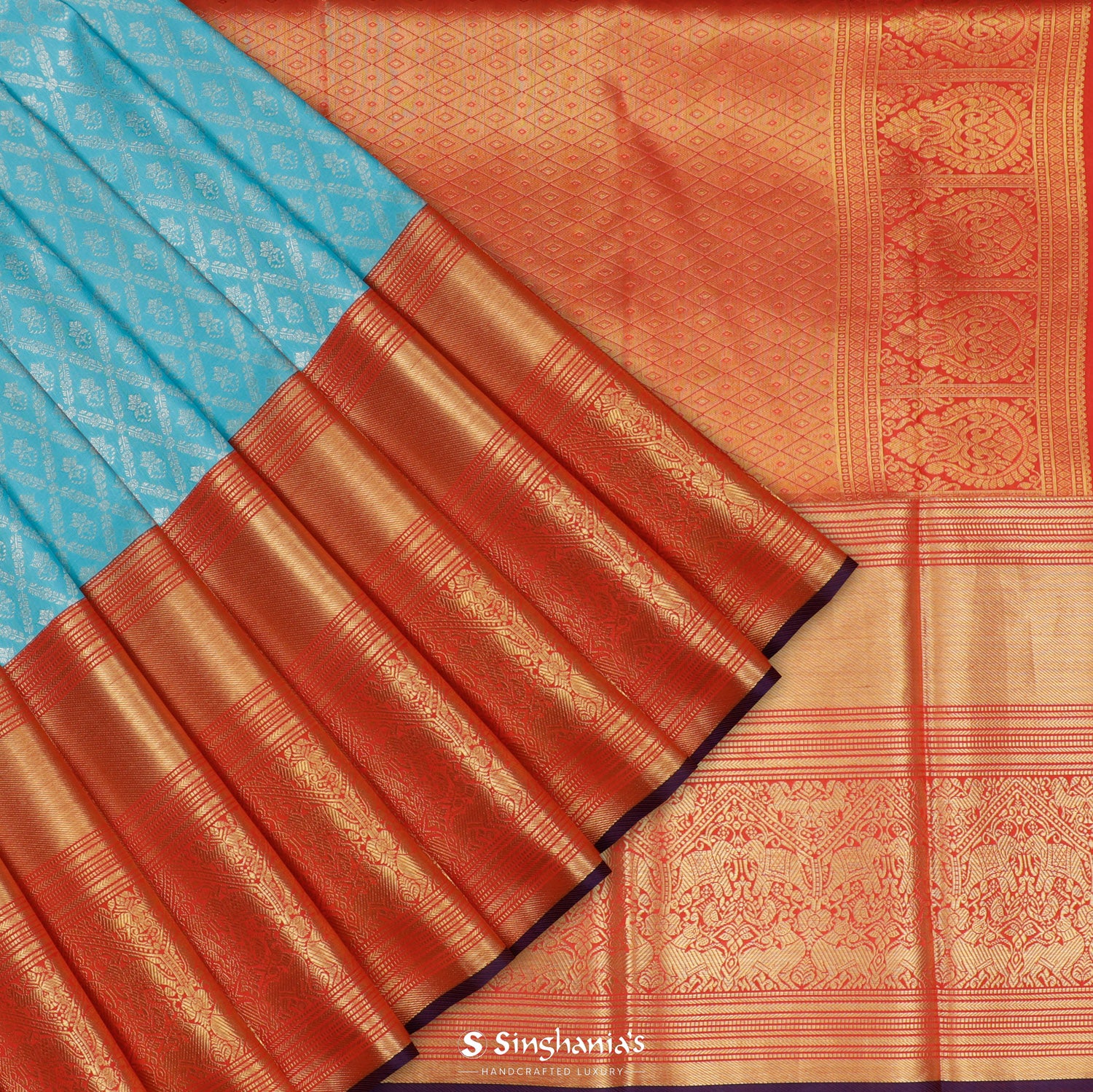 Vivid Sky Blue Kanjivaram Saree With Floral Jaal Pattern