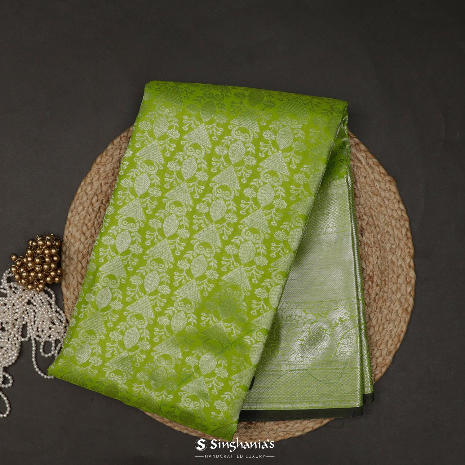 Neon Green Kanjivaram Silk Saree With Floral Jaal Pattern