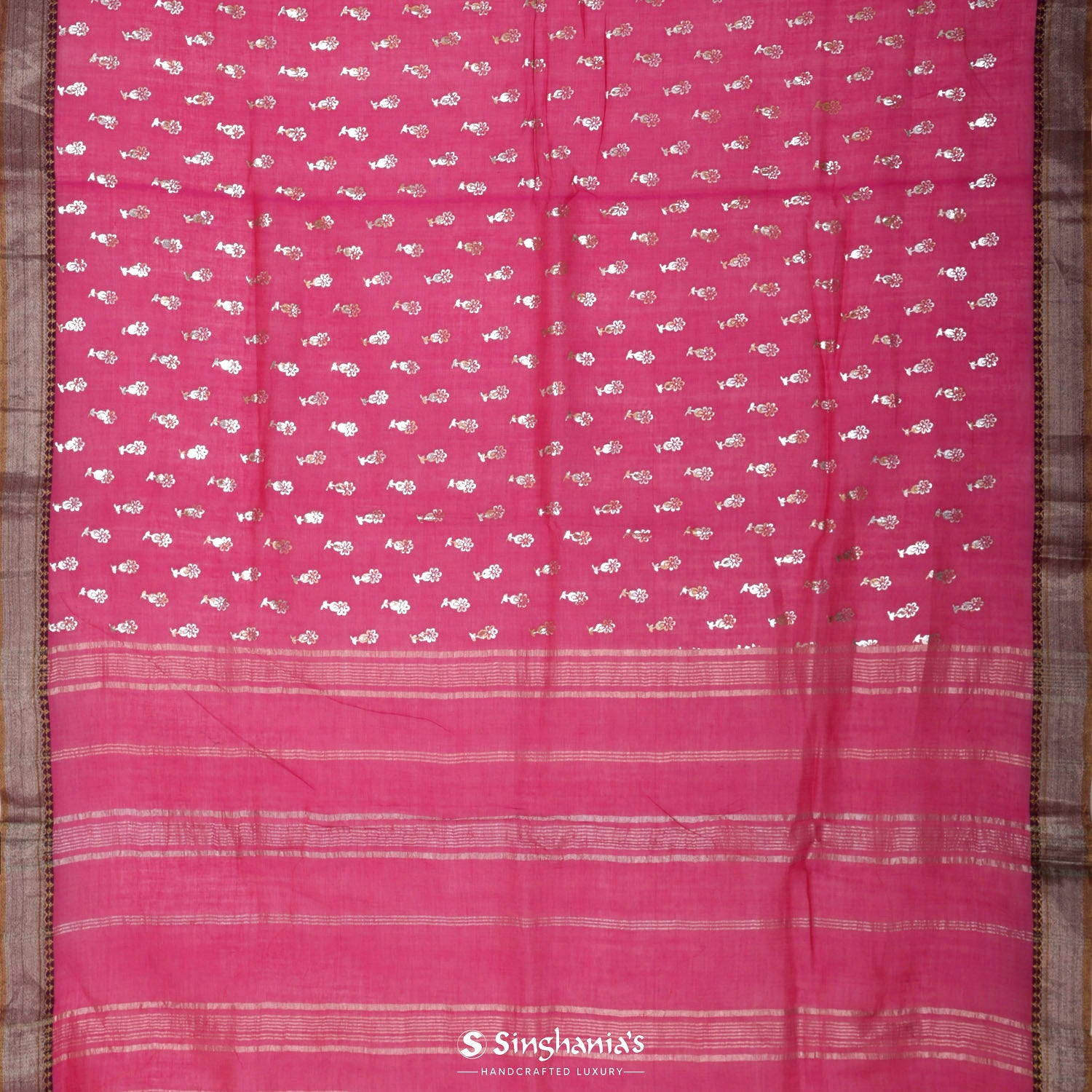 Dark Pink Cotton Saree With Floral Foil Print