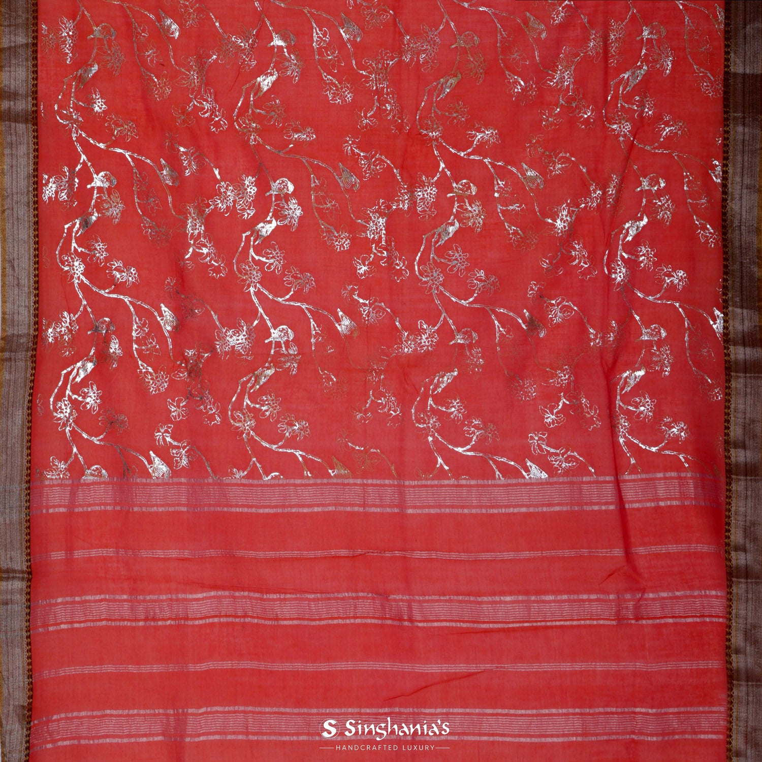 Red Cotton Saree With Flora-Fauna Foil Printed Design