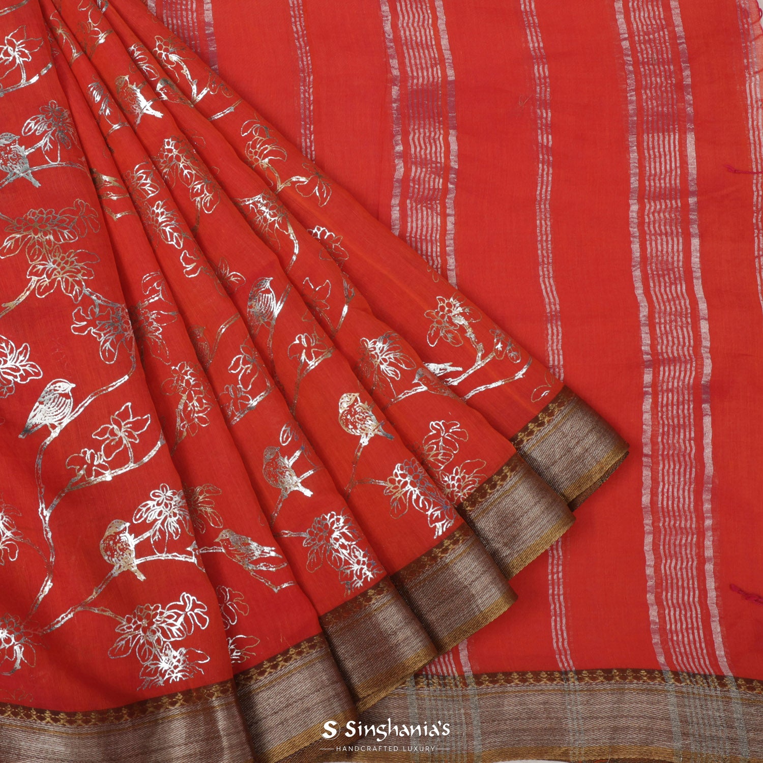 Red Cotton Saree With Flora-Fauna Foil Printed Design