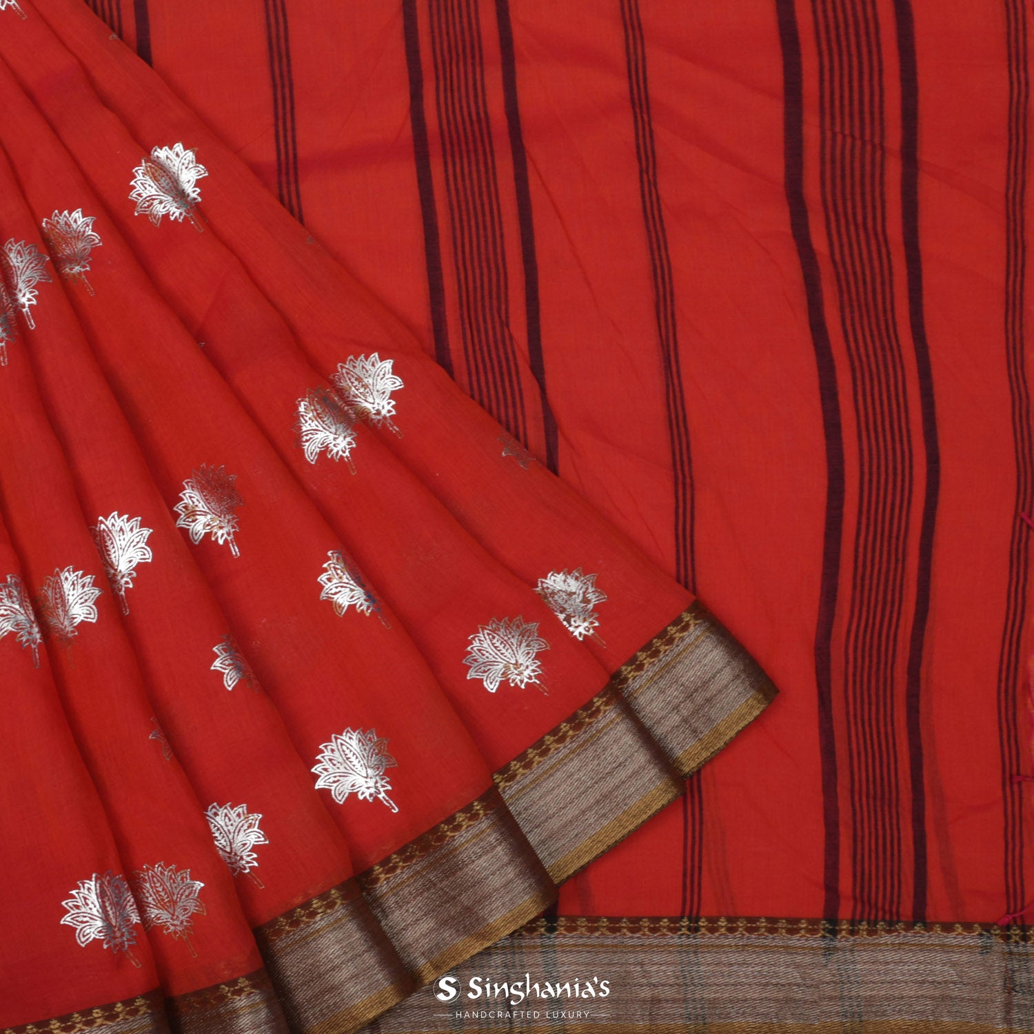 Persian Red Cotton Saree With Foil Print Pattern