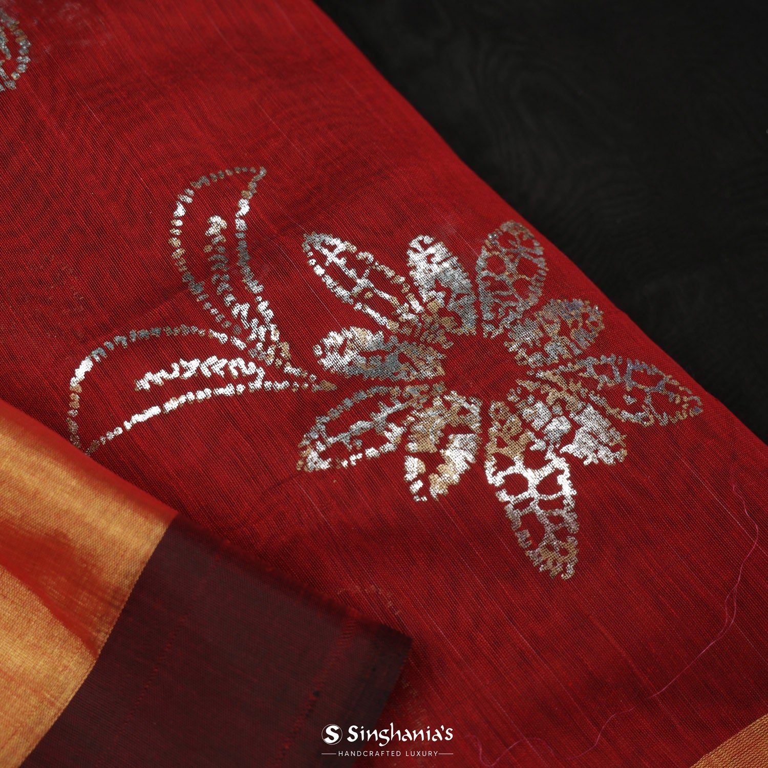 Auburn Red Cotton Saree With Floral Foil Print