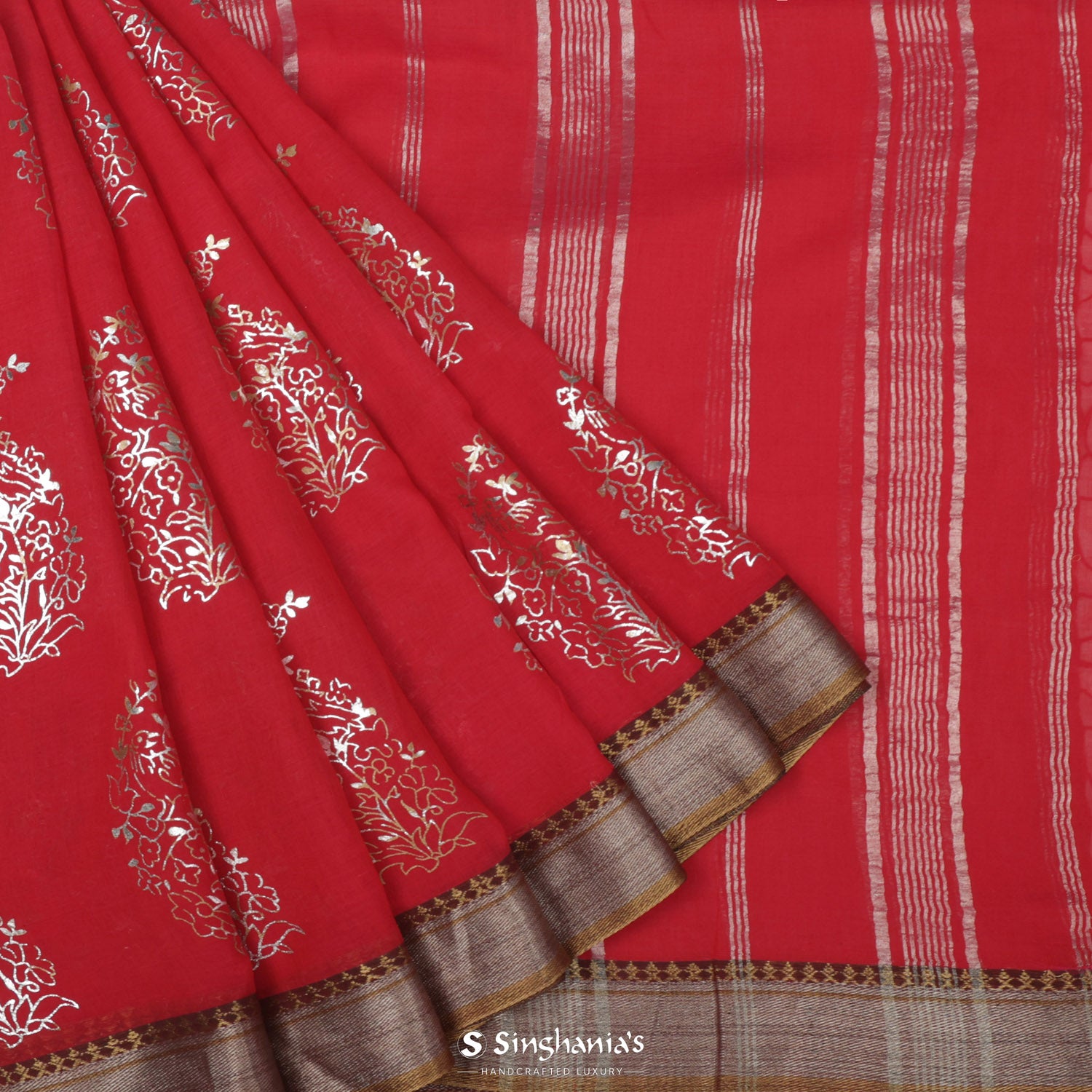 Dark Red Printed Cotton Saree With Floral Foil Butti Pattern