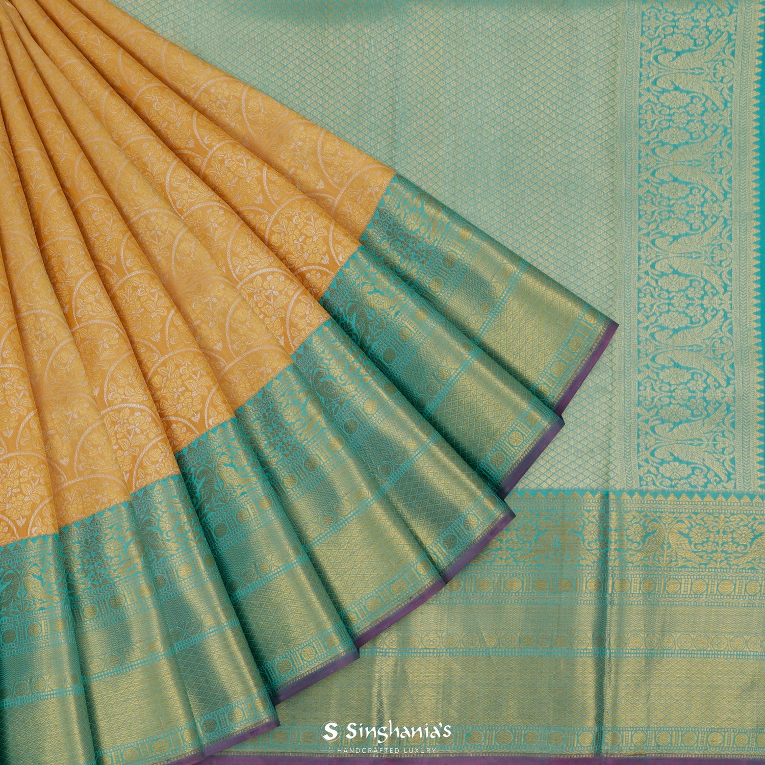 Saffron Kanjivaram Silk Saree With Floral Jaal Pattern