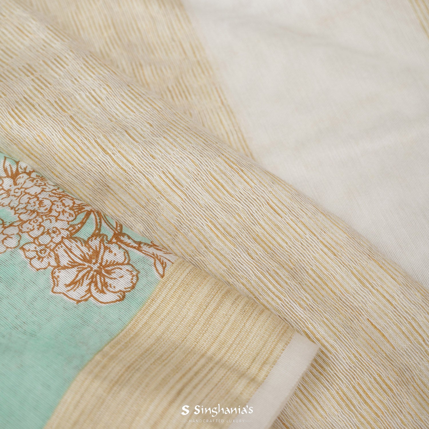 Pastel Mint-Green Printed Cotton Saree With Floral Pattern